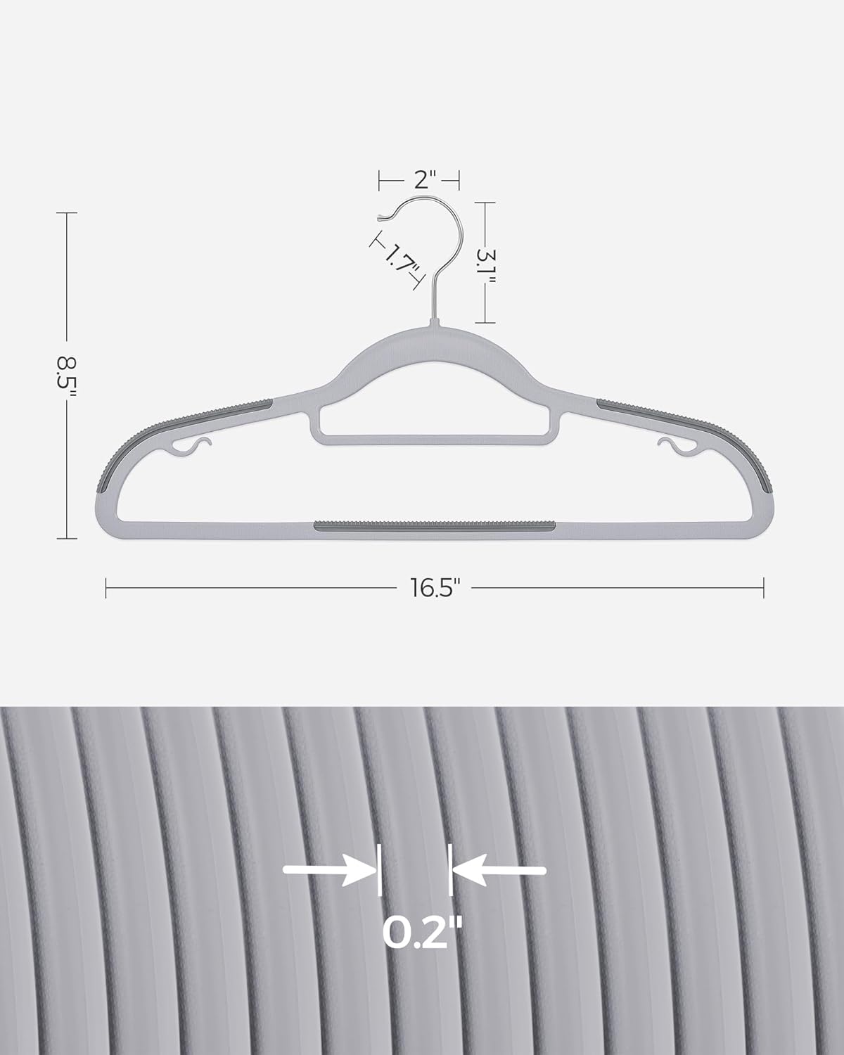 SONGMICS Pack of 50 Coat Hangers, Space-Saving Plastic Clothes Hangers, Non-Slip, 0.2 Inches Slim, 16.5 Inches Wide, 360° Swivel Silver Hook, Light and Dark Gray UCRP20G50