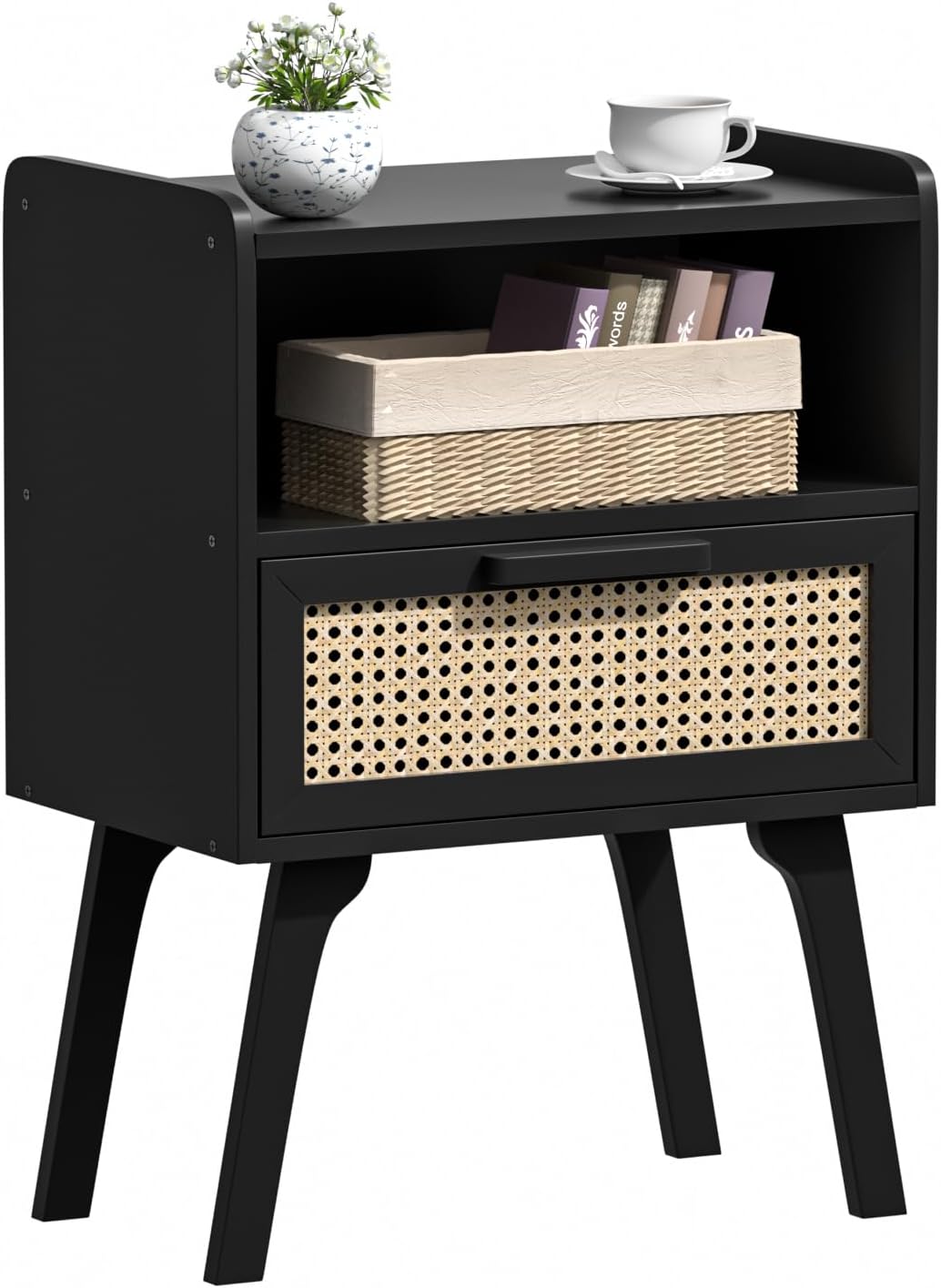 Lerliuo Rattan Nightstand, Boho Side Table with Drawer Open Shelf, Cane Accent Bedside End Table with Solid Wood Legs for Bedroom, Dorm and Small Spaces (Natural)