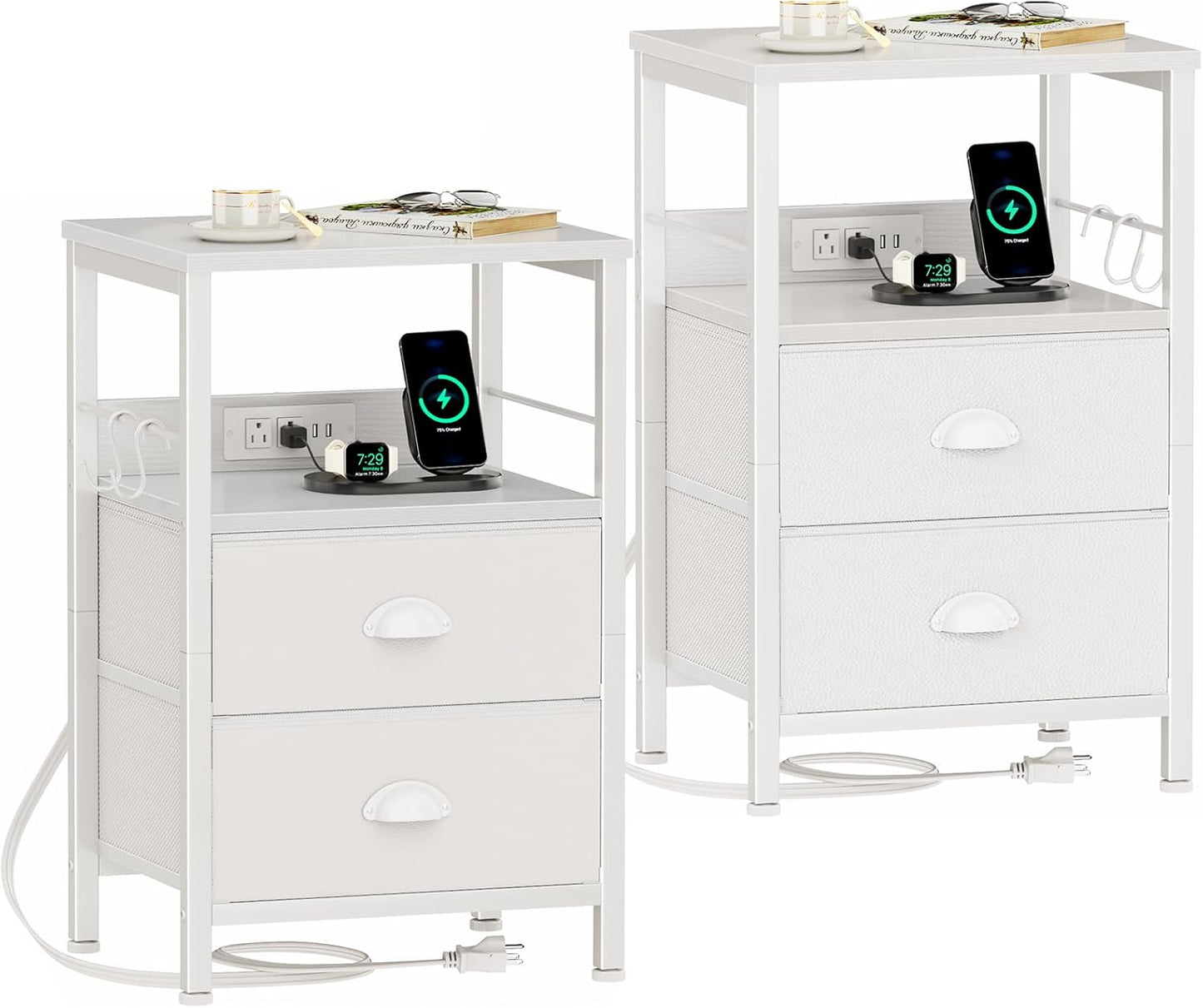 Furologee End Table with Charging Station, Nightstand with Fabric Drawers, Side Tables with USB Ports & Outlets, Night Stand with Storage Shelf & Hooks, for Living Room/Bedroom, White
