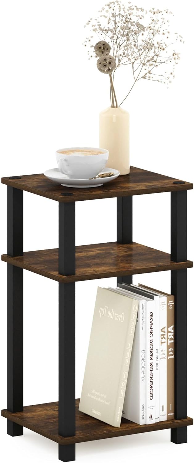 Furinno Just 3-Tier Turn-N-Tube End Table / Side Table / Night Stand / Bedside Table with Plastic Poles, 1-Pack, Columbia Walnut/Black