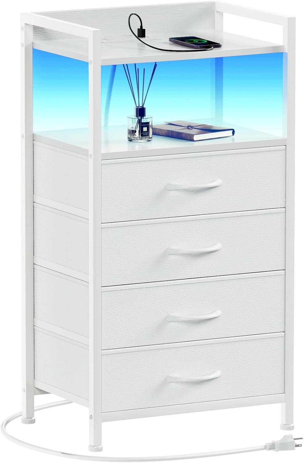 Furnulem Night Stand with Charging Station, Black Nightstand with Drawers and Led Light, Tall Dresser for Bedroom, Bedside Table with Fabric Storage Bins, Metal Frame, Wood Furniture