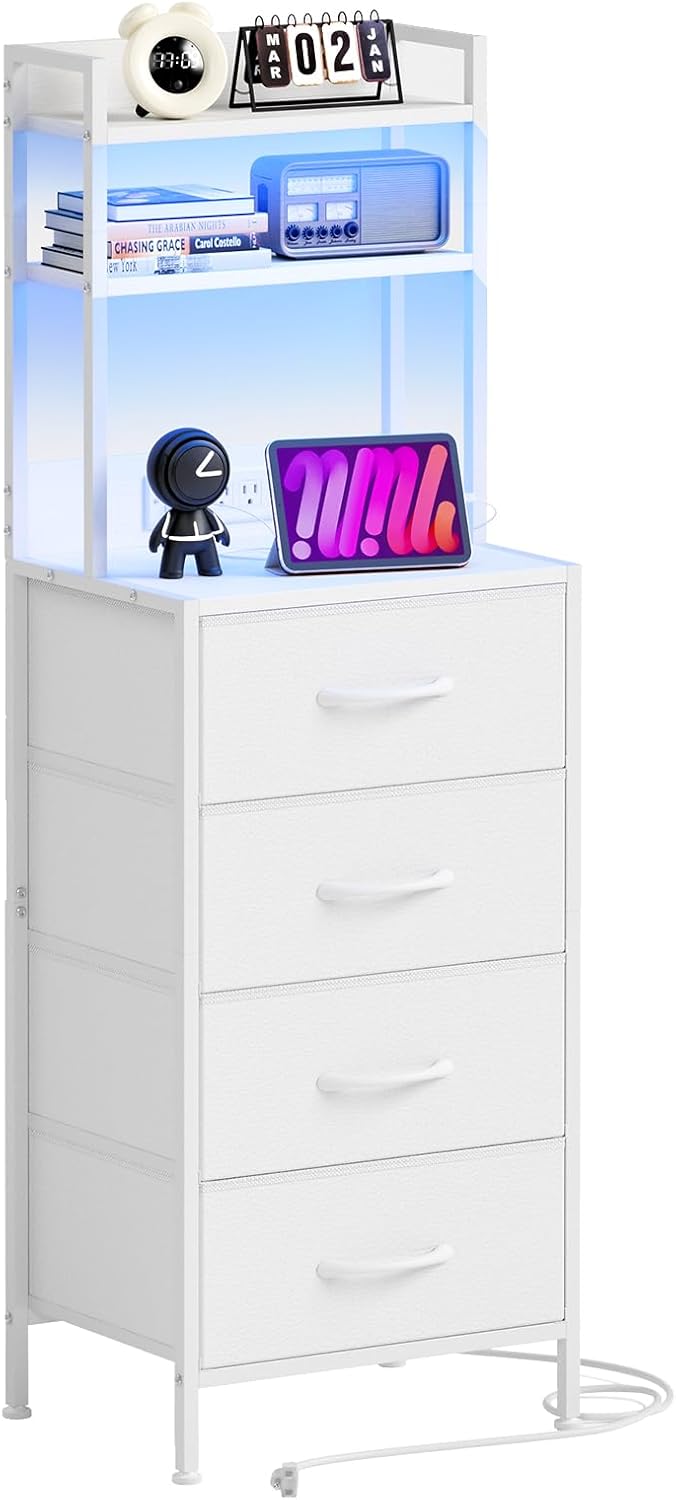 Fixwal 41 Inch Tall Nightstand with Charging Station, Led Night Stand with U-S-B Port & Socket, 3 PU Finished Fabric Storage Drawers, Office, Bedside Table & Bookshelf in One, Black