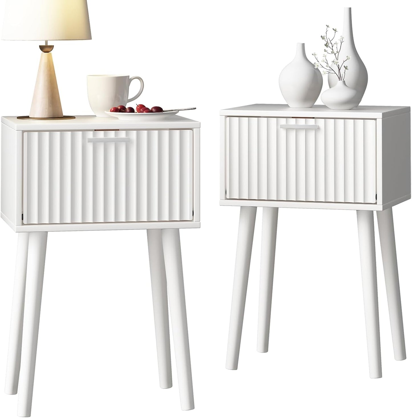 LAATOOREE Nightstands Set of 2, Small Side Table, Bedside Table with Fluted Door, Solid Wood Feet; Modern Mid-Century End Table for Bedroom, Small Space (Black)