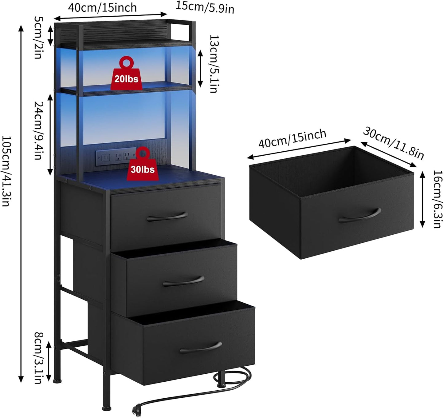 Fixwal 41 Inch Tall Nightstand with Charging Station, Led Night Stand with U-S-B Port & Socket, 3 PU Finished Fabric Storage Drawers, Office, Bedside Table & Bookshelf in One, Black