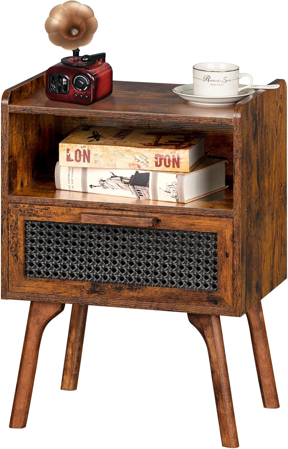 Lerliuo Rattan Nightstand, Boho Side Table with Drawer Open Shelf, Cane Accent Bedside End Table with Solid Wood Legs for Bedroom, Dorm and Small Spaces (Natural)