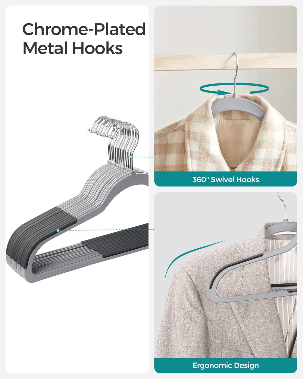 SONGMICS Clothes Hangers, Pack of 50 Plastic Coat Hangers, Space-Saving, Light Gray and Dark Gray UCRF50G