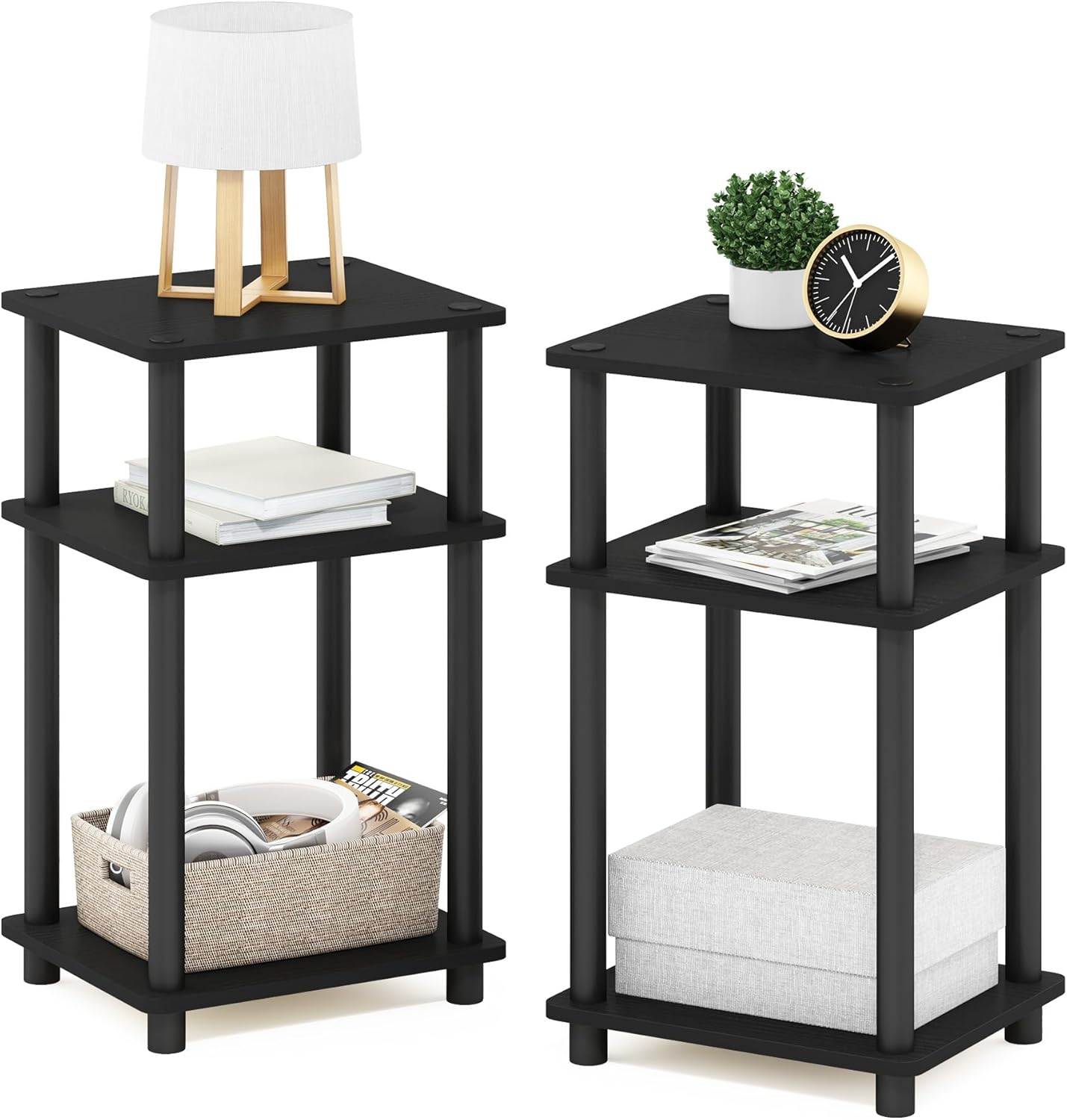 Furinno Just 3-Tier Turn-N-Tube End Table / Side Table / Night Stand / Bedside Table with Plastic Poles, 1-Pack, Columbia Walnut/Black