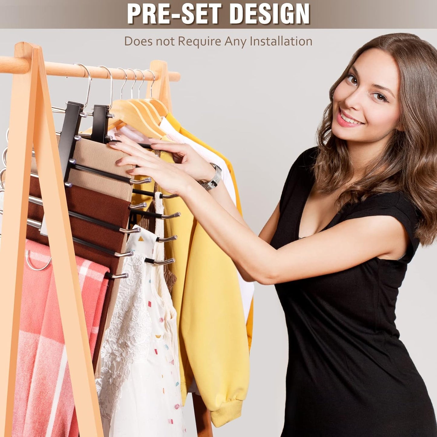 Space Saving 6 Tier Pant Hangers, Anti-Slip, Stainless Steel, 2 Pack, Black