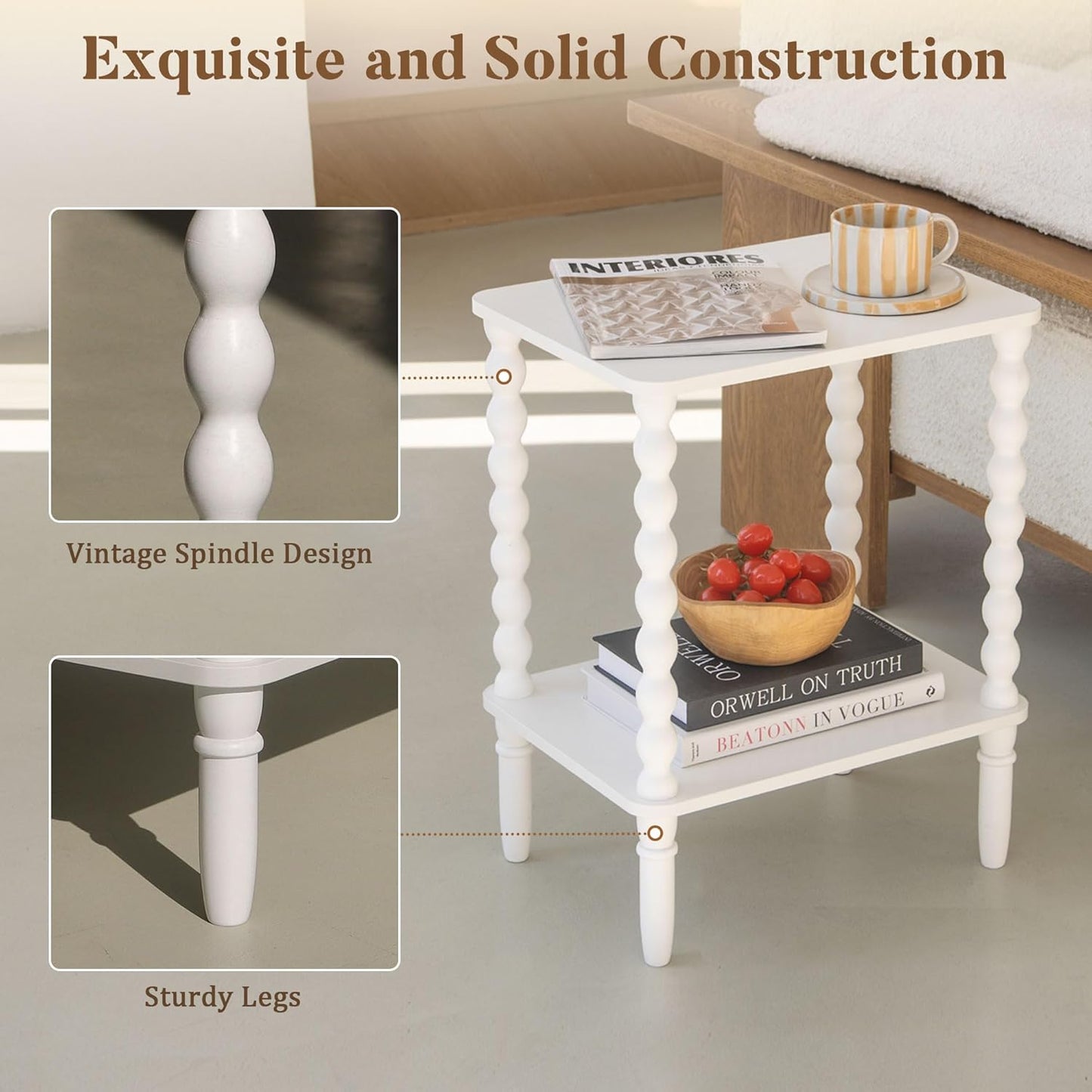 White End Table, Small Side Table with Storage Shelf, 2-Tier Modern NightStand for Bedroom, Living Room, Small Spaces (White)