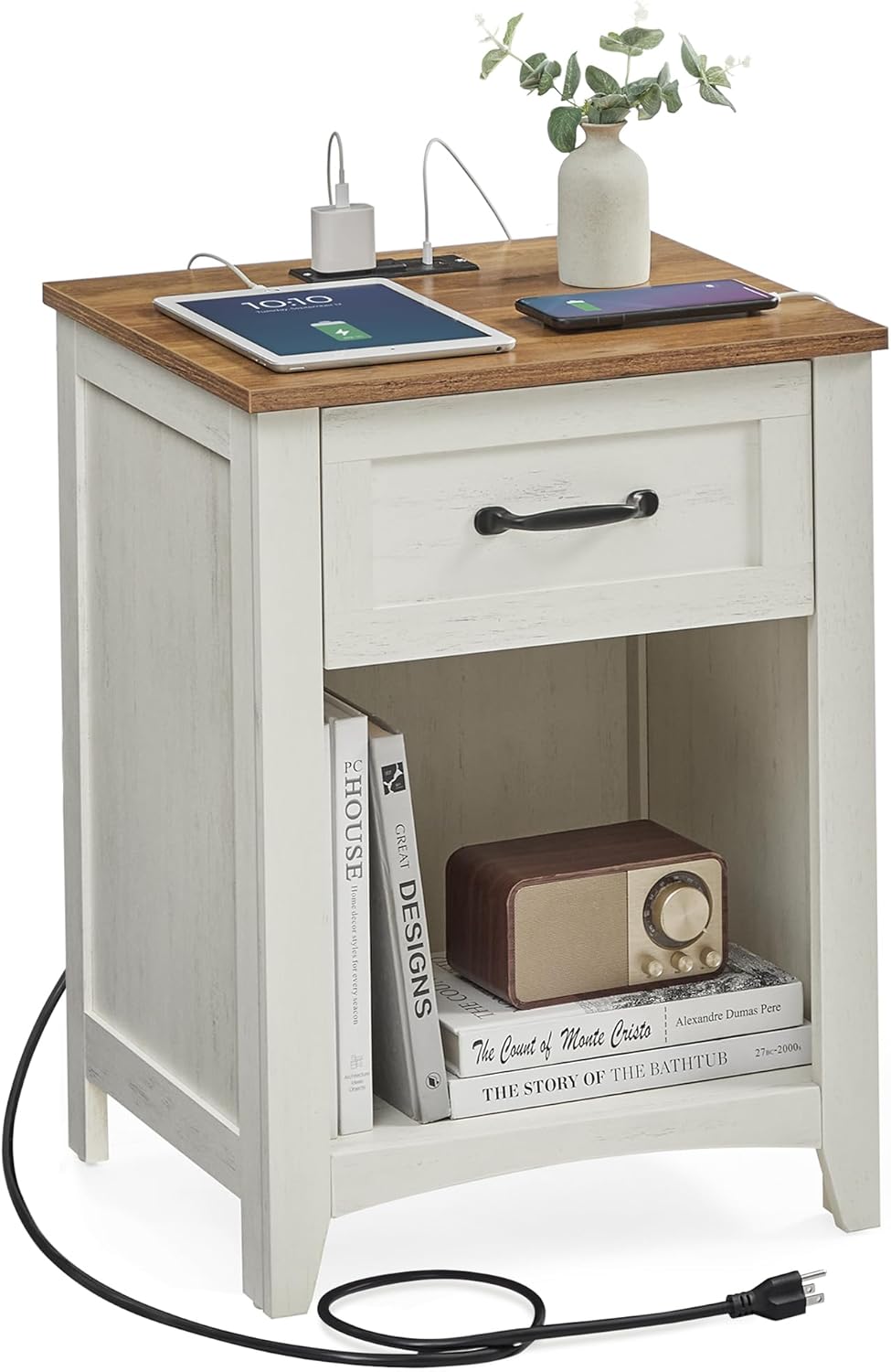VASAGLE LIRY Collection - Farmhouse Nightstands with Charging Station, Set of 2 Bedside Tables, Side Tables with Drawer, Open Compartment, for Bedroom, Rustic White and Honey Brown ULET859K41