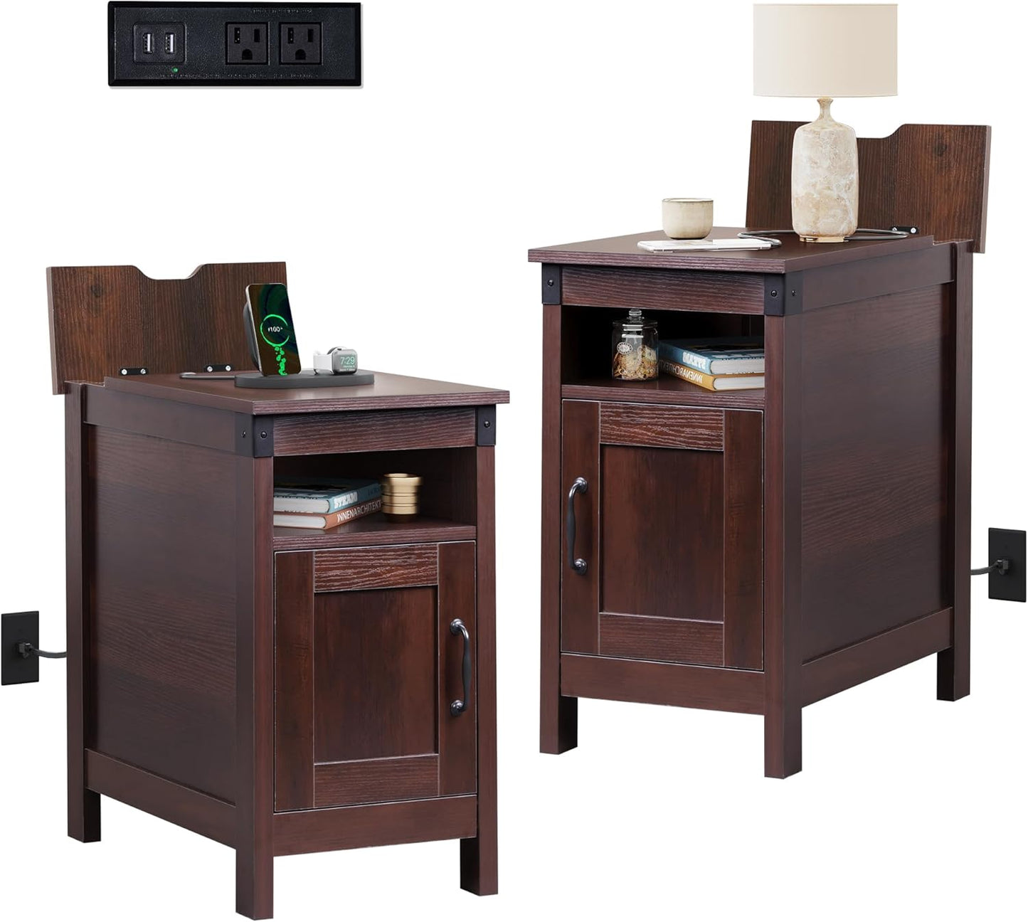 WLIVE End Table with Charging Station, Narrow Side Table for Living Room, Farmhouse Night Stand with Storage, Small Wooden Cabinet with USB Ports and Outlets for Living Room and Bedroom, Espresso