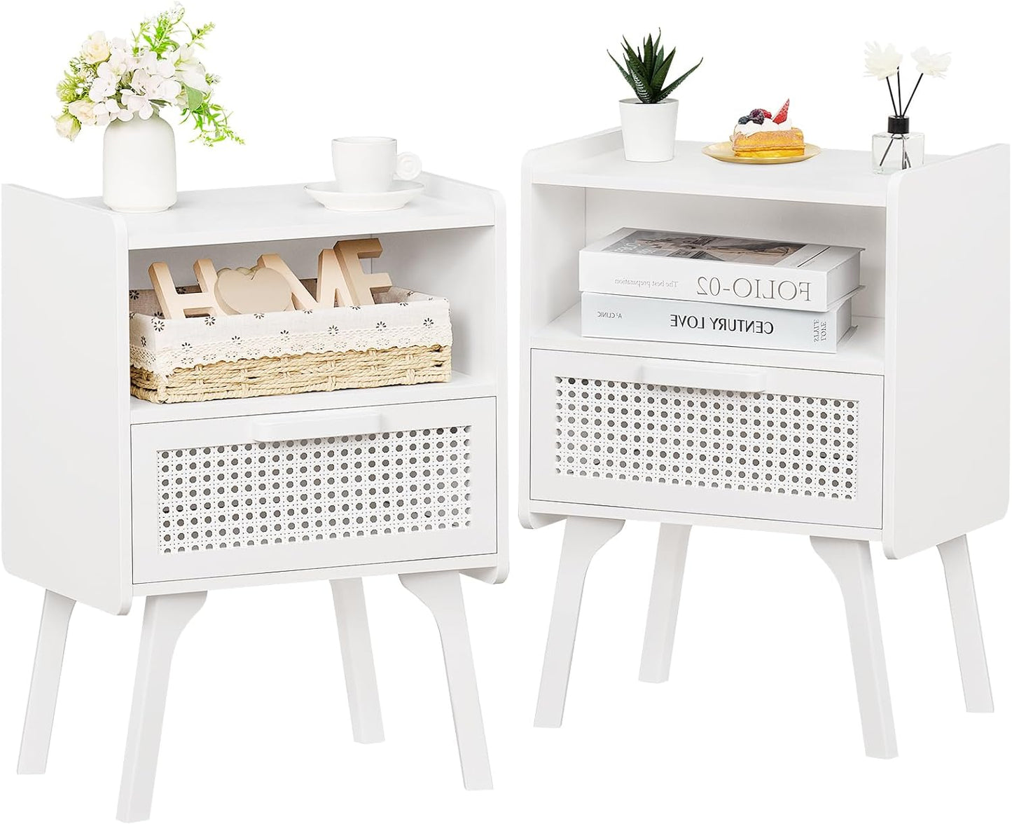 Lerliuo Rattan Nightstand, Boho Side Table with Drawer Open Shelf, Cane Accent Bedside End Table with Solid Wood Legs for Bedroom, Dorm and Small Spaces (Natural)
