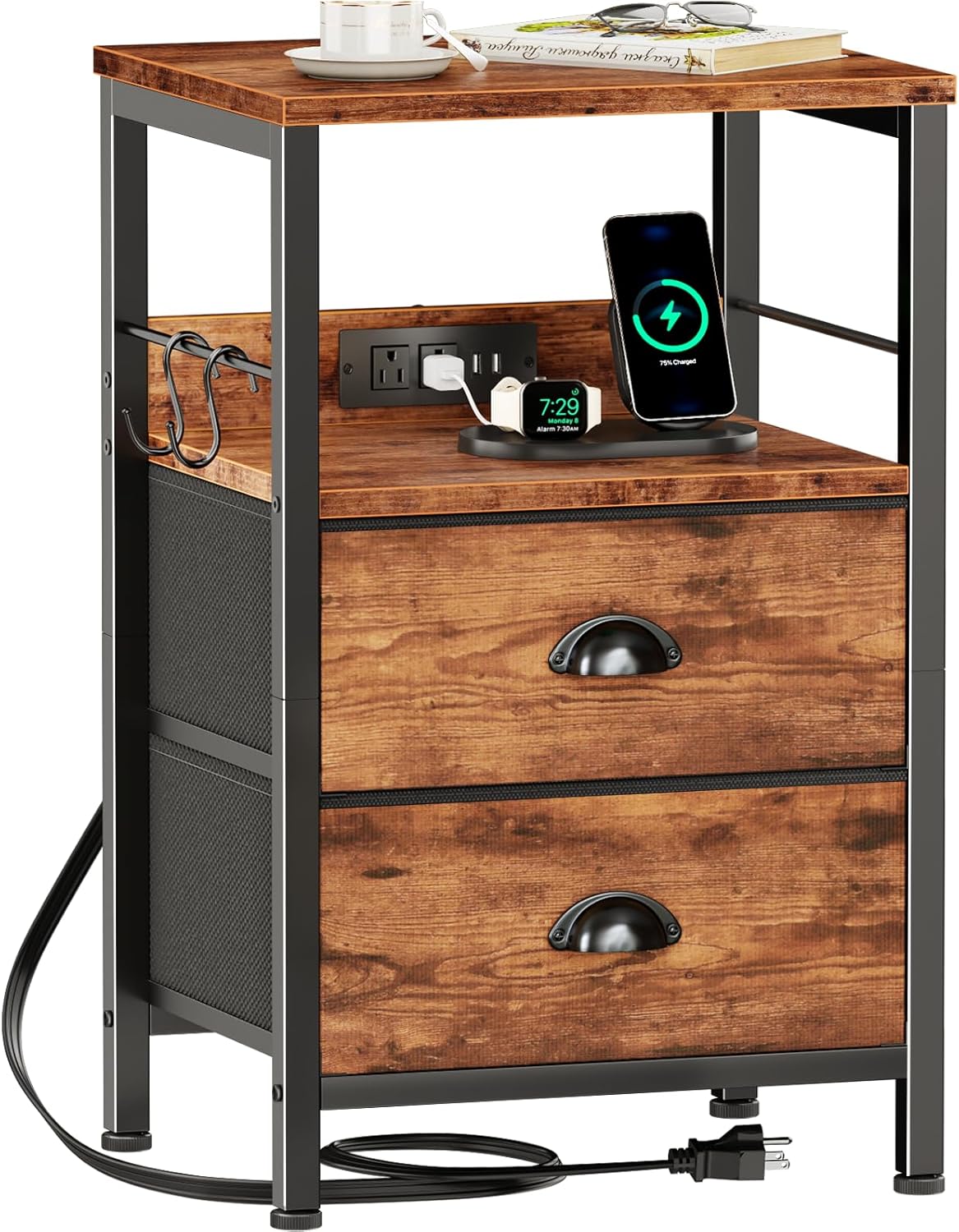 Furologee End Table with Charging Station, Nightstand with Fabric Drawers, Side Tables with USB Ports & Outlets, Night Stand with Storage Shelf & Hooks, for Living Room/Bedroom, White