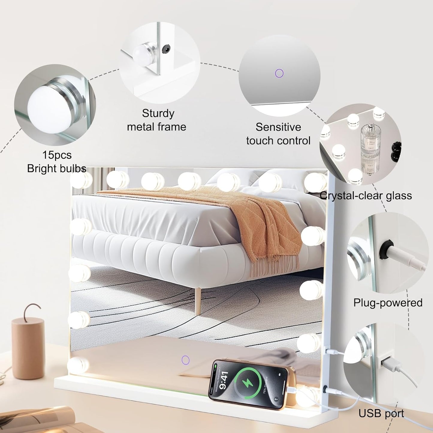 Hollywood Vanity Mirror with Lights, 23"x18" Lighted Makeup Mirror for Desk/Wall Mount with 15 Led Bulbs, 3 Lighting Modes for College Dorm, Bedroom & Dressing Room (White)