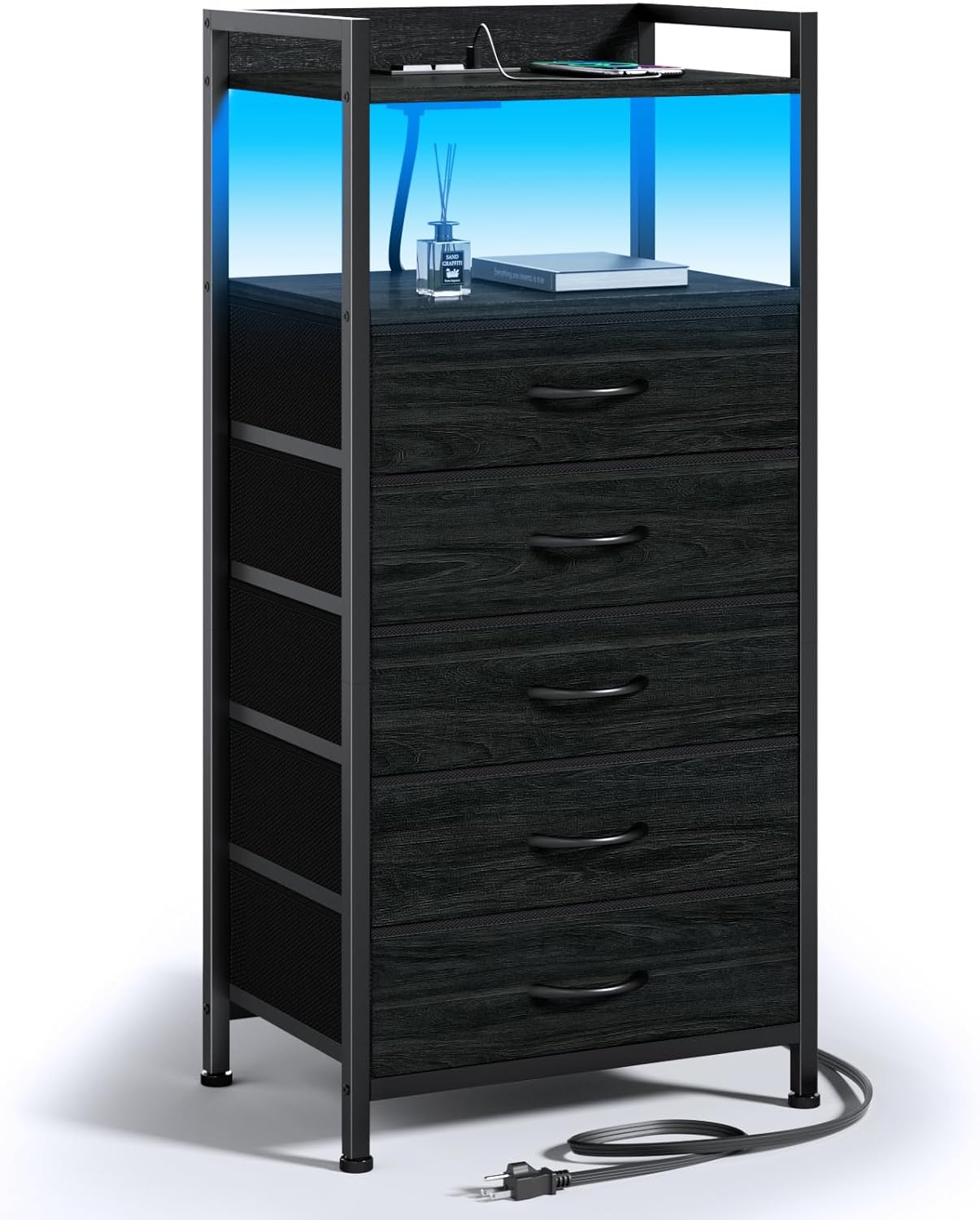 Furnulem Night Stand with Charging Station, Black Nightstand with Drawers and Led Light, Tall Dresser for Bedroom, Bedside Table with Fabric Storage Bins, Metal Frame, Wood Furniture