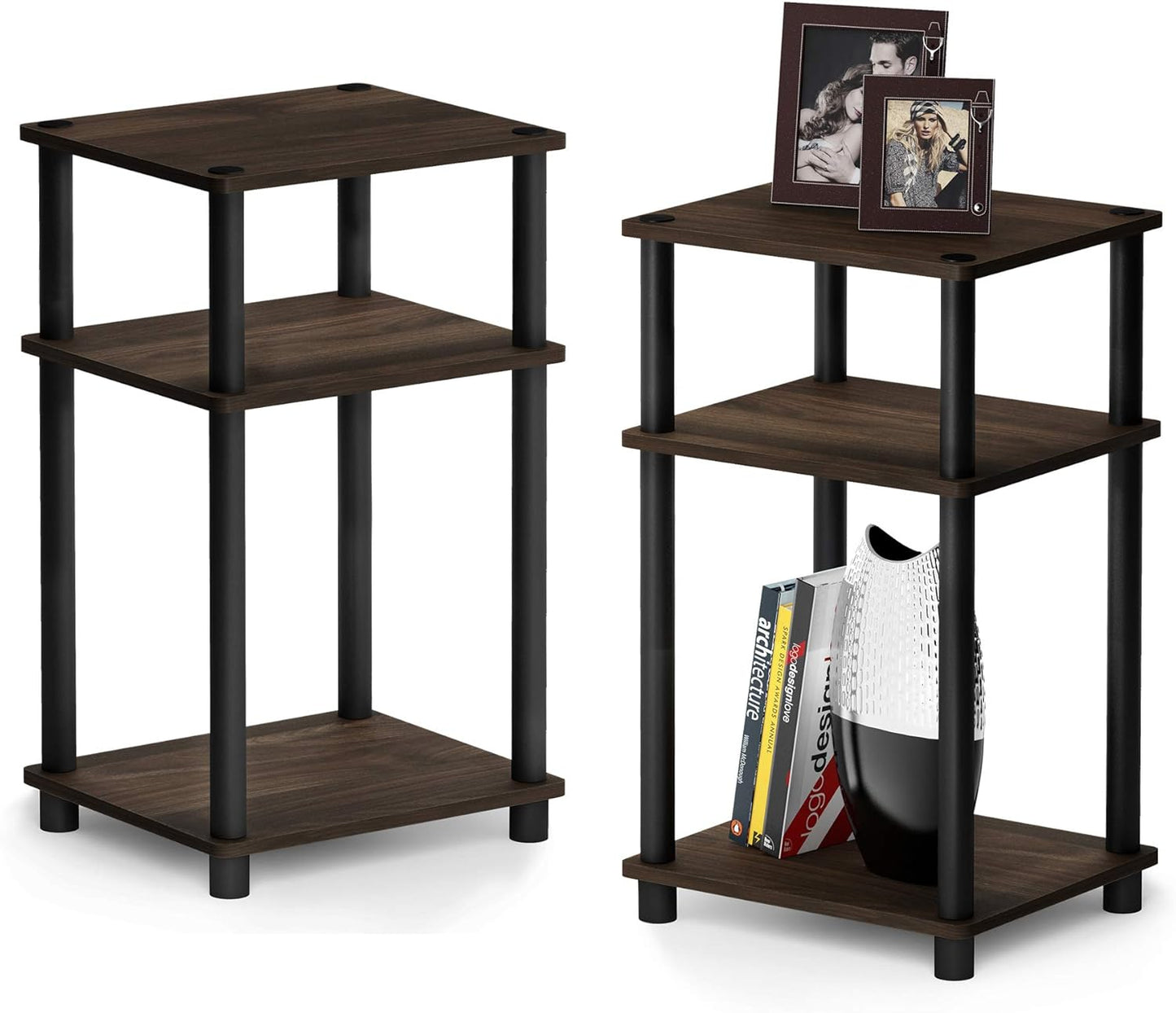 Furinno Just 3-Tier Turn-N-Tube End Table / Side Table / Night Stand / Bedside Table with Plastic Poles, 1-Pack, Columbia Walnut/Black