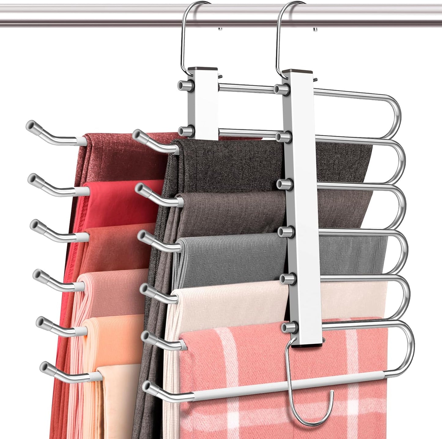 Space Saving 6 Tier Pant Hangers, Anti-Slip, Stainless Steel, 2 Pack, Black