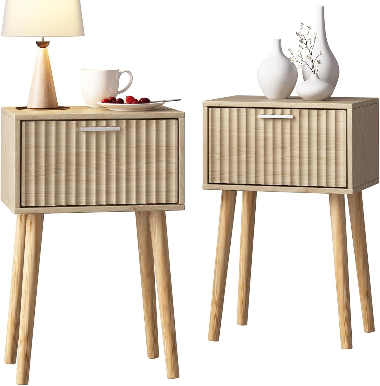 LAATOOREE Nightstands Set of 2, Small Side Table, Bedside Table with Fluted Door, Solid Wood Feet; Modern Mid-Century End Table for Bedroom, Small Space (Black)