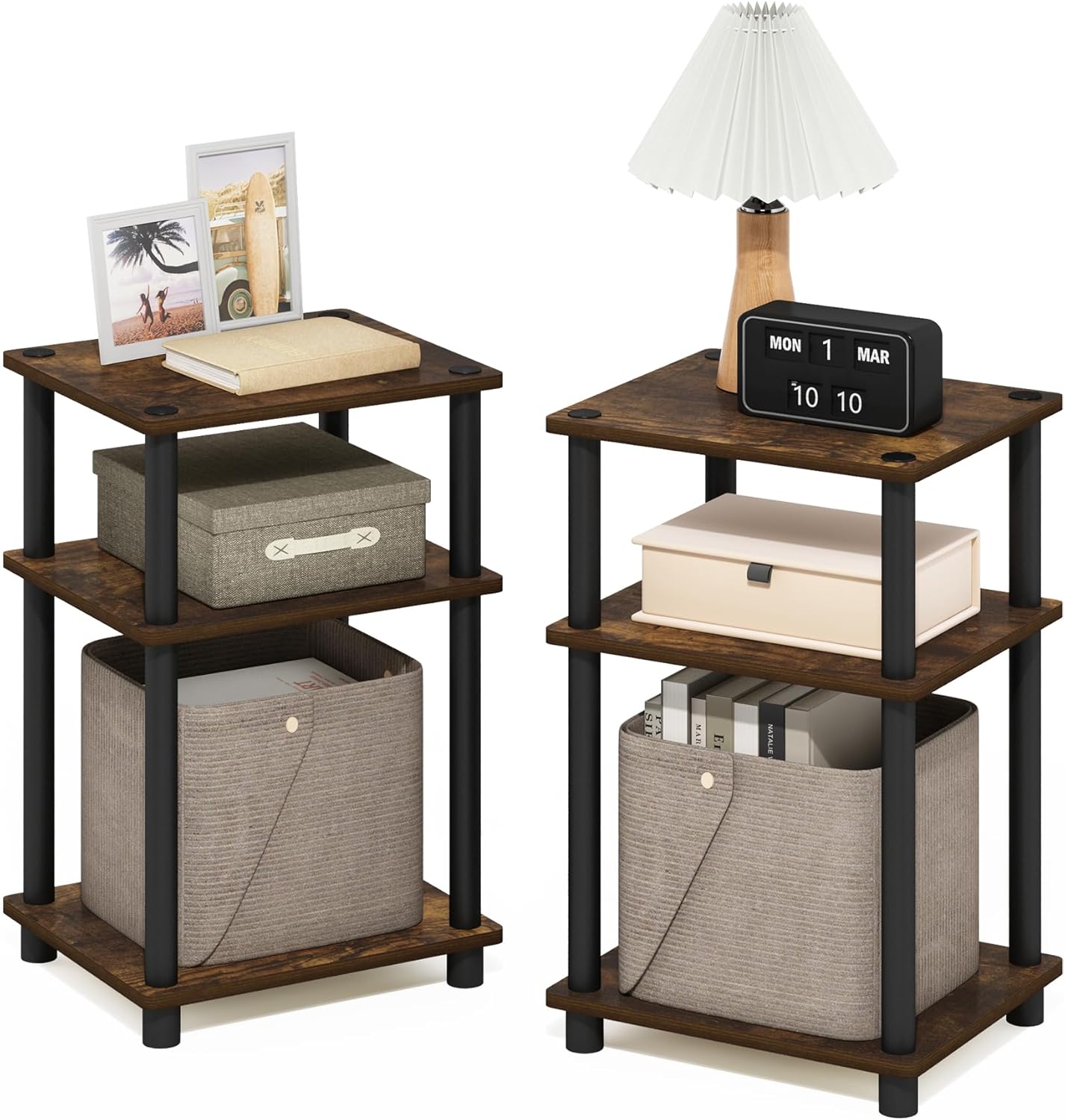 Furinno Just 3-Tier Turn-N-Tube End Table / Side Table / Night Stand / Bedside Table with Plastic Poles, 1-Pack, Columbia Walnut/Black