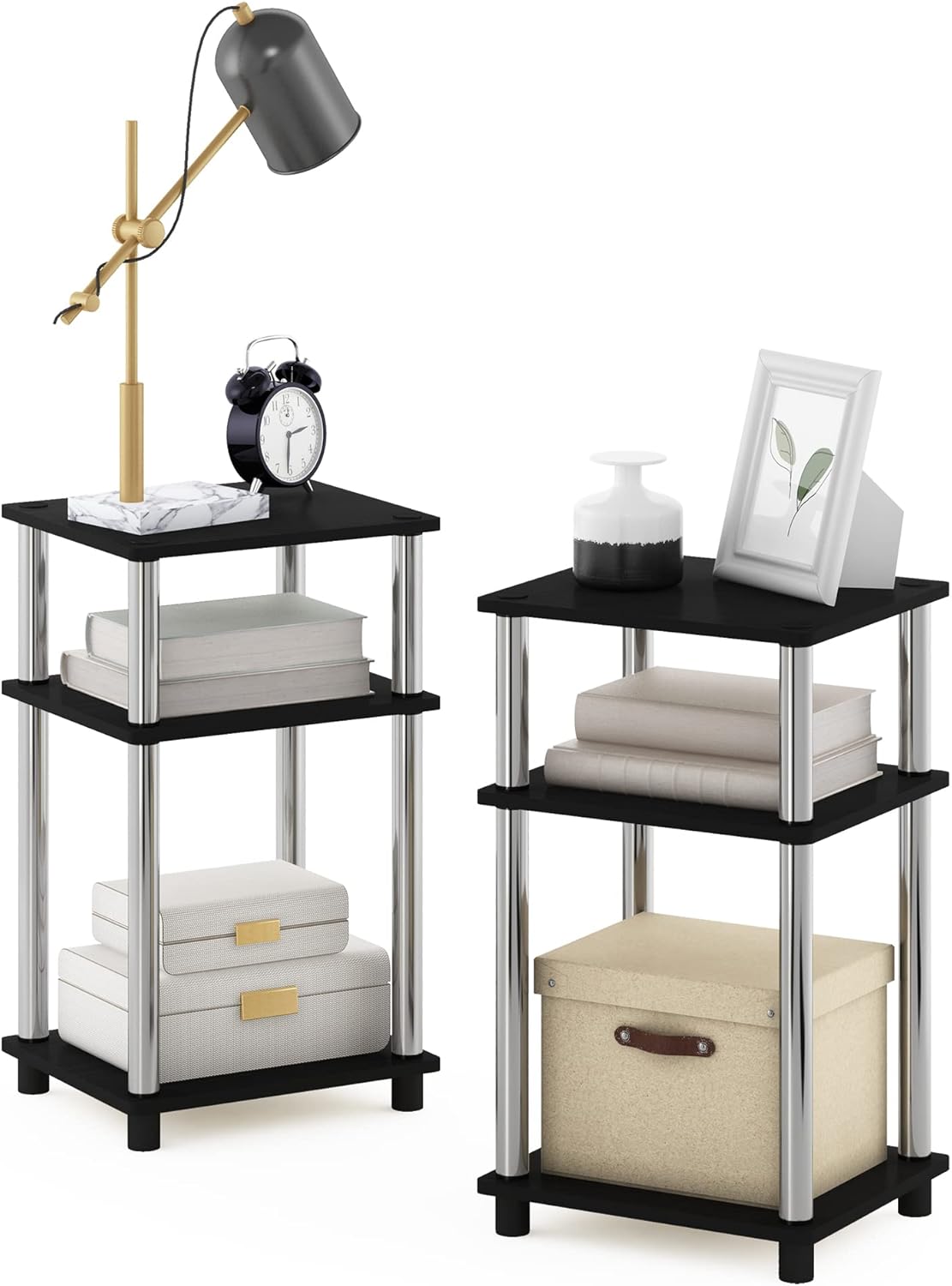 Furinno Just 3-Tier Turn-N-Tube End Table / Side Table / Night Stand / Bedside Table with Plastic Poles, 1-Pack, Columbia Walnut/Black