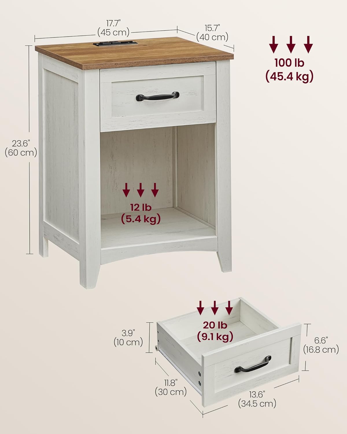 VASAGLE LIRY Collection - Farmhouse Nightstands with Charging Station, Set of 2 Bedside Tables, Side Tables with Drawer, Open Compartment, for Bedroom, Rustic White and Honey Brown ULET859K41