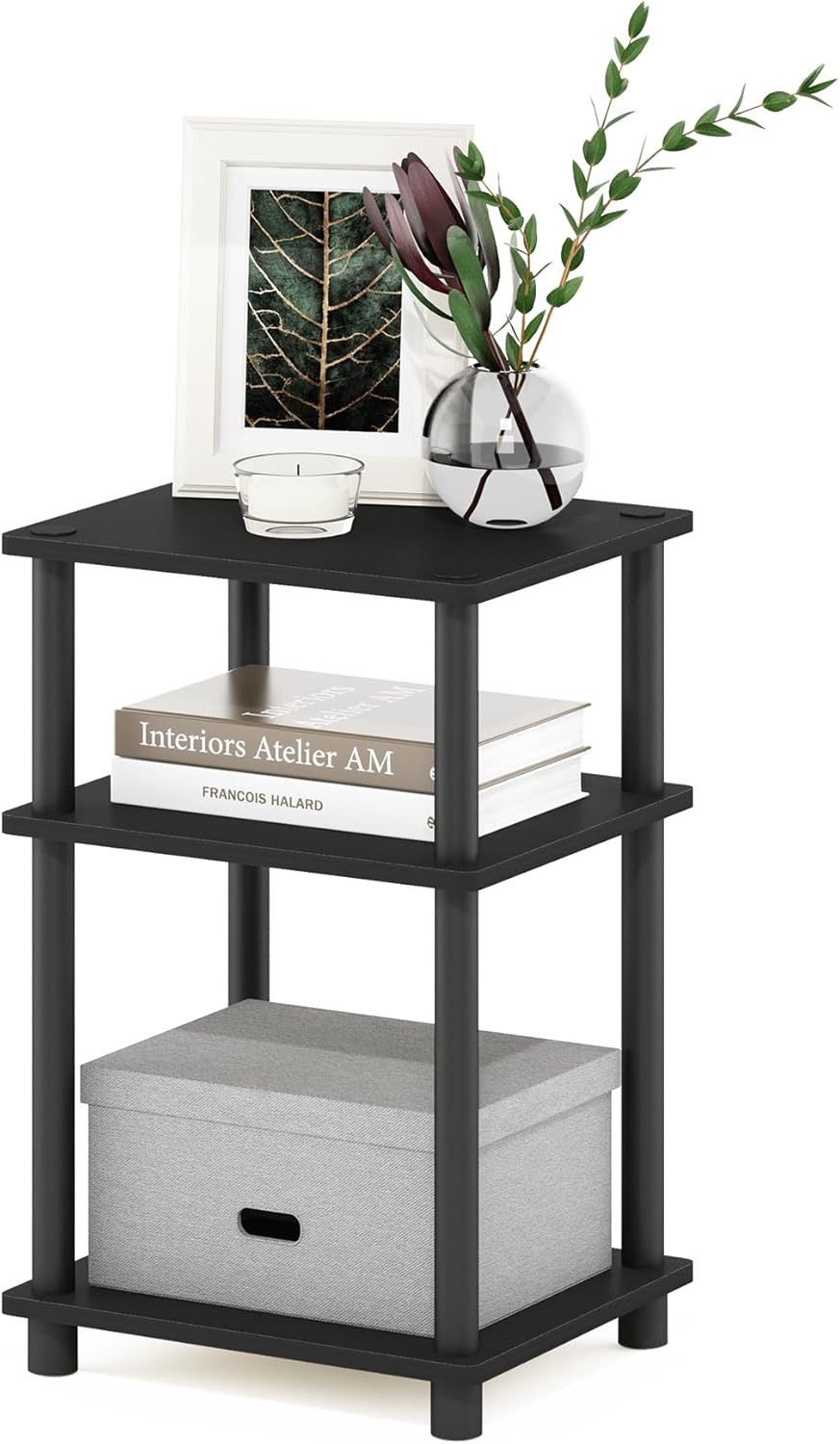 Furinno Just 3-Tier Turn-N-Tube End Table / Side Table / Night Stand / Bedside Table with Plastic Poles, 1-Pack, Columbia Walnut/Black