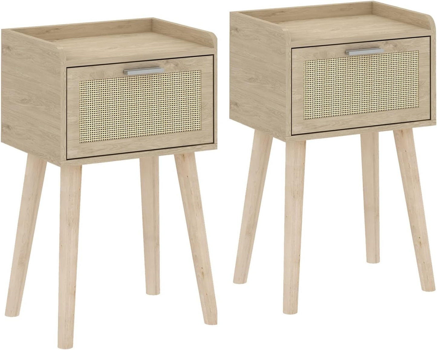 LAATOOREE Nightstands Set of 2, Small Side Table, Bedside Table with Fluted Door, Solid Wood Feet; Modern Mid-Century End Table for Bedroom, Small Space (Black)