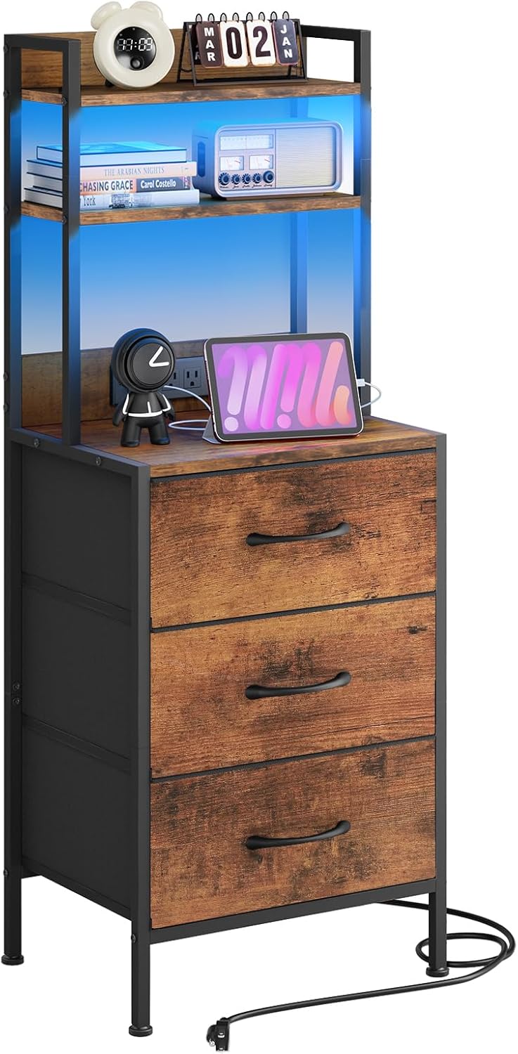 Fixwal 41 Inch Tall Nightstand with Charging Station, Led Night Stand with U-S-B Port & Socket, 3 PU Finished Fabric Storage Drawers, Office, Bedside Table & Bookshelf in One, Black