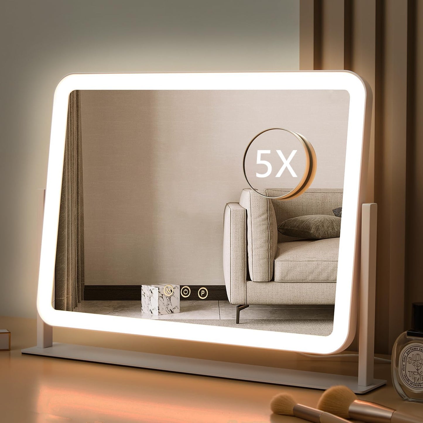 HIEEY Lighted Makeup Mirror, Hollywood Vanity Mirror with Lights, Three Color Lighting Modes, and 5X Magnification Mirror, Smart Touch Control, 360°Rotation (17.3in,White,Gift Box)