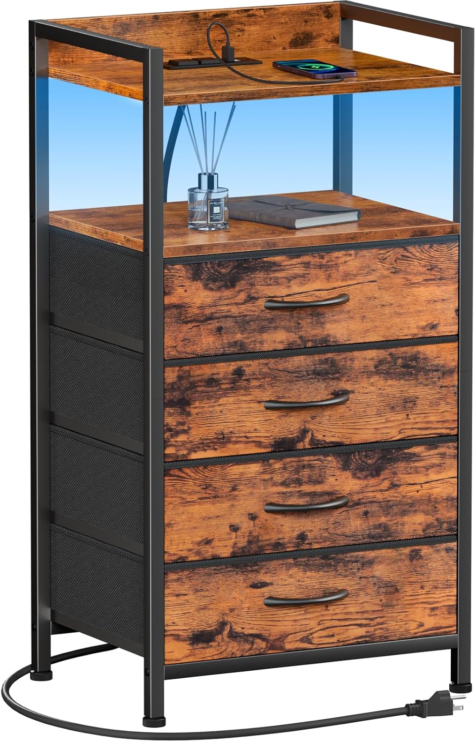 Furnulem Night Stand with Charging Station, Black Nightstand with Drawers and Led Light, Tall Dresser for Bedroom, Bedside Table with Fabric Storage Bins, Metal Frame, Wood Furniture
