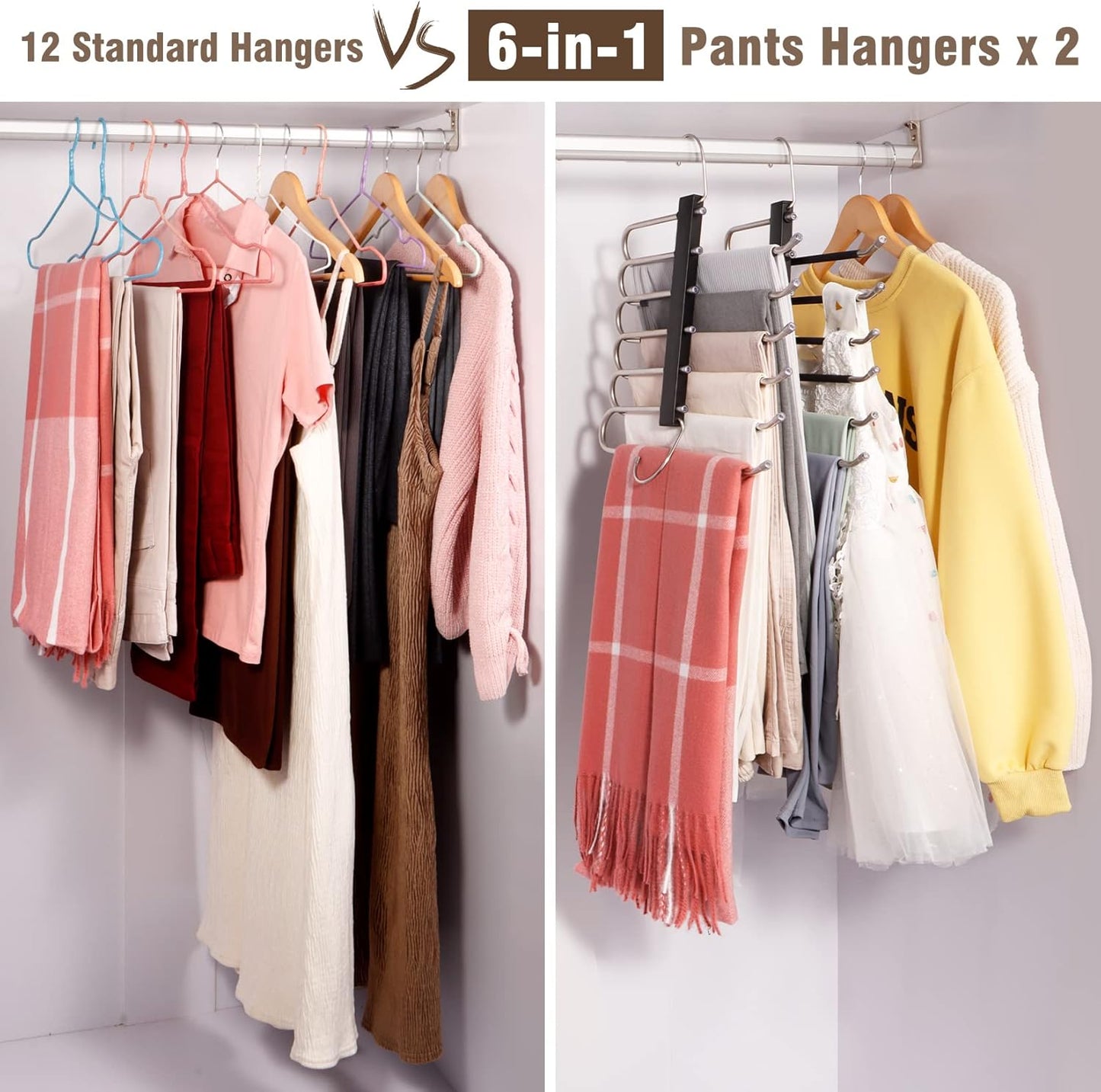 Space Saving 6 Tier Pant Hangers, Anti-Slip, Stainless Steel, 2 Pack, Black