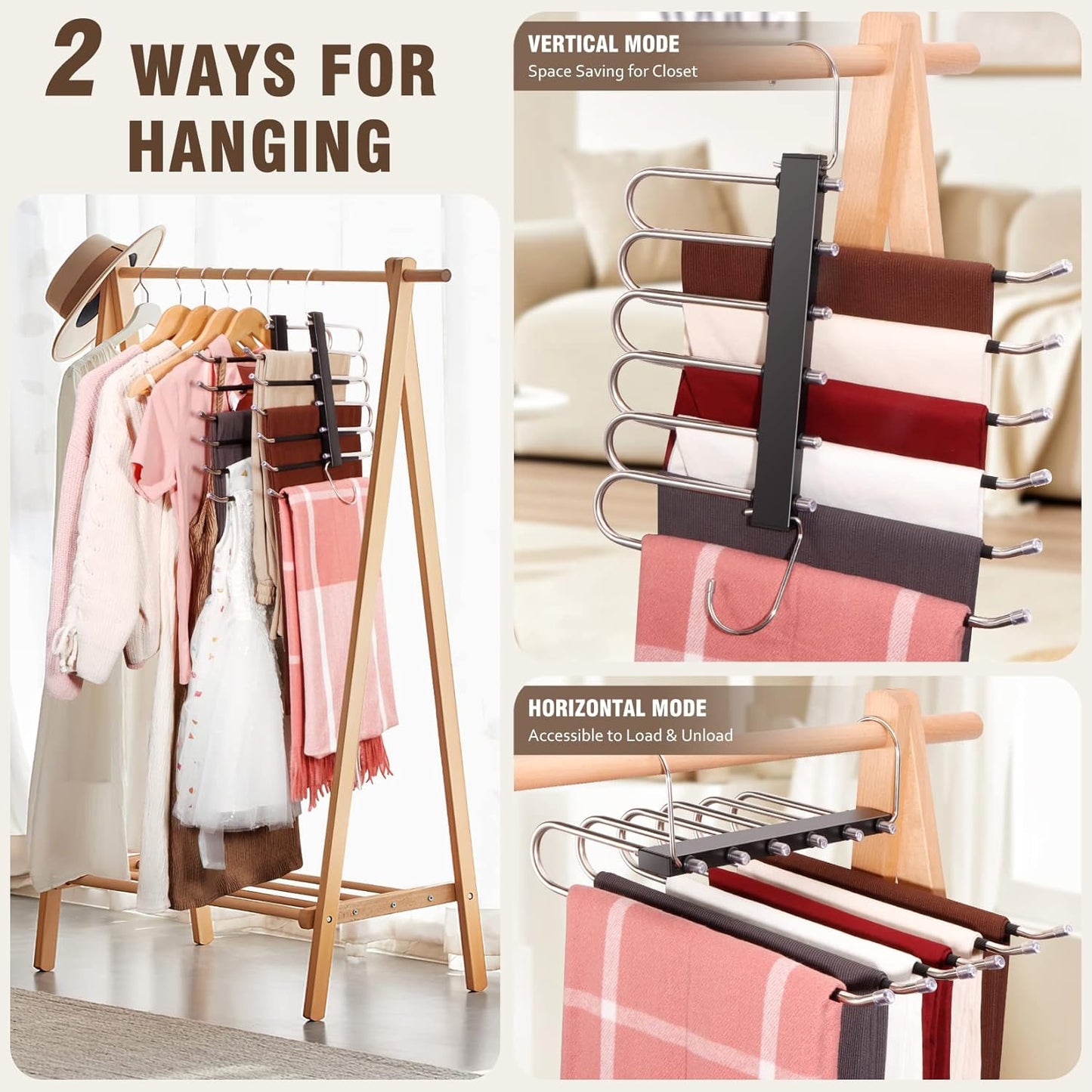 Space Saving 6 Tier Pant Hangers, Anti-Slip, Stainless Steel, 2 Pack, Black