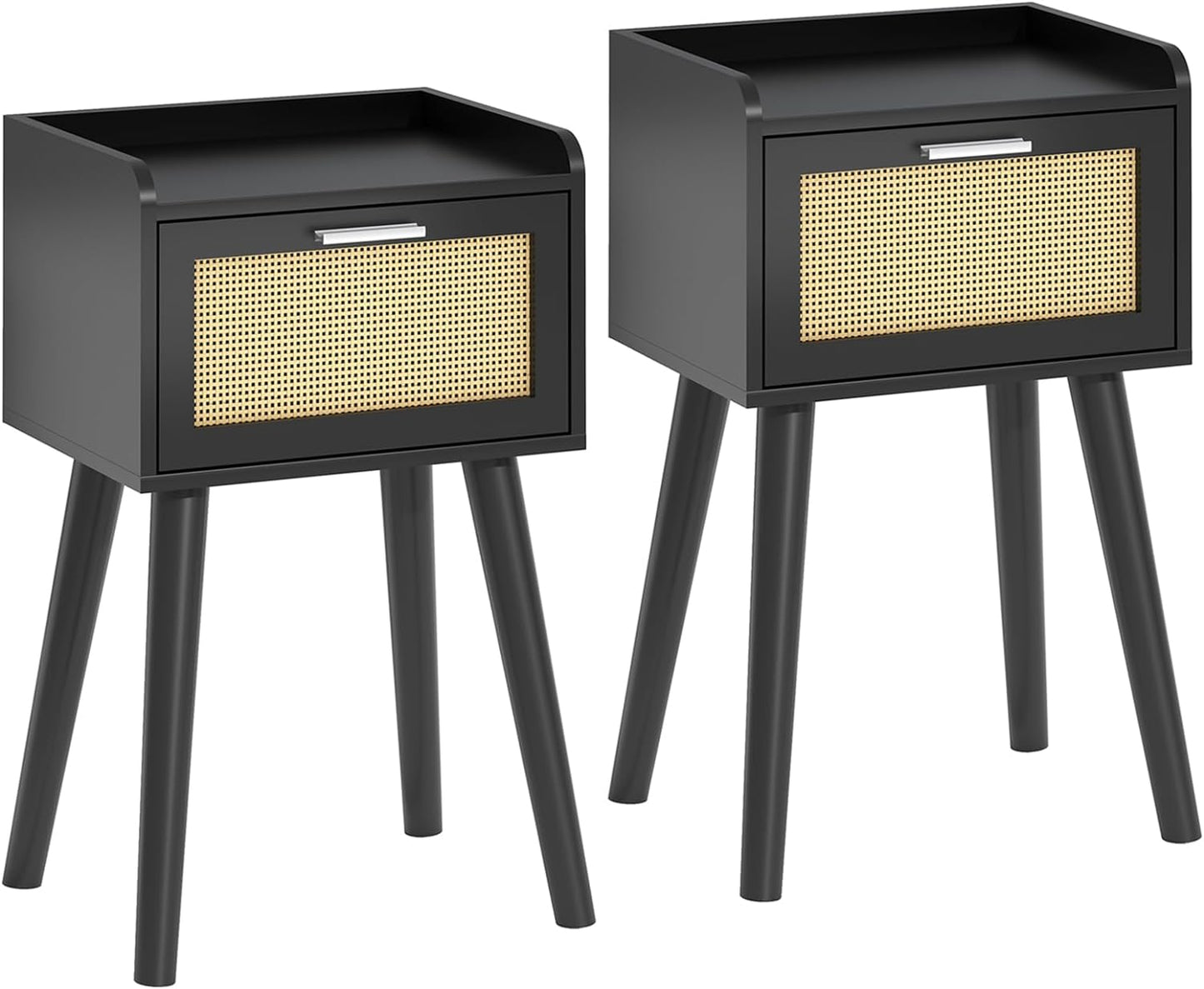 LAATOOREE Nightstands Set of 2, Small Side Table, Bedside Table with Fluted Door, Solid Wood Feet; Modern Mid-Century End Table for Bedroom, Small Space (Black)