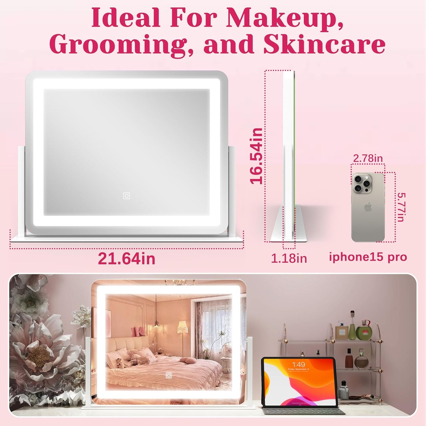 HNV Vanity Mirror with Lights – 22" x17 Large Lighted Makeup Mirror, Dimmable 3-Color LED, Touch Screen, 360° Rotation for Desk/Bedroom (White)