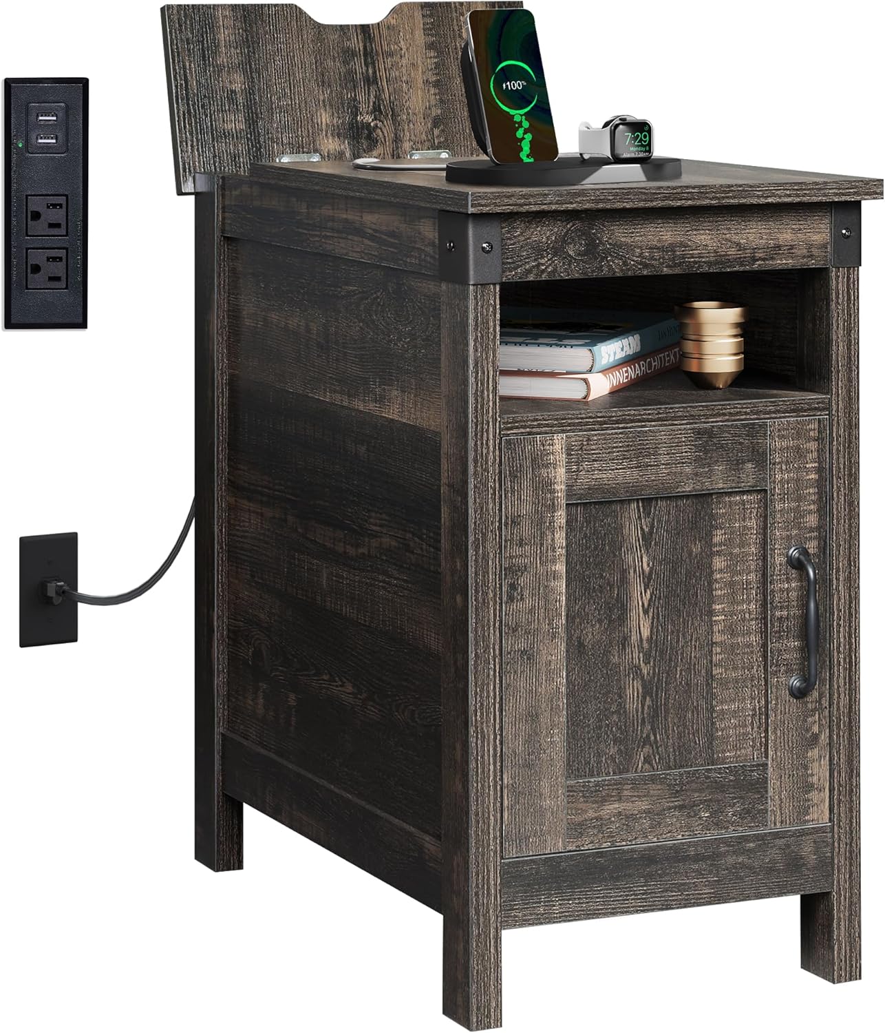 WLIVE End Table with Charging Station, Narrow Side Table for Living Room, Farmhouse Night Stand with Storage, Small Wooden Cabinet with USB Ports and Outlets for Living Room and Bedroom, Espresso