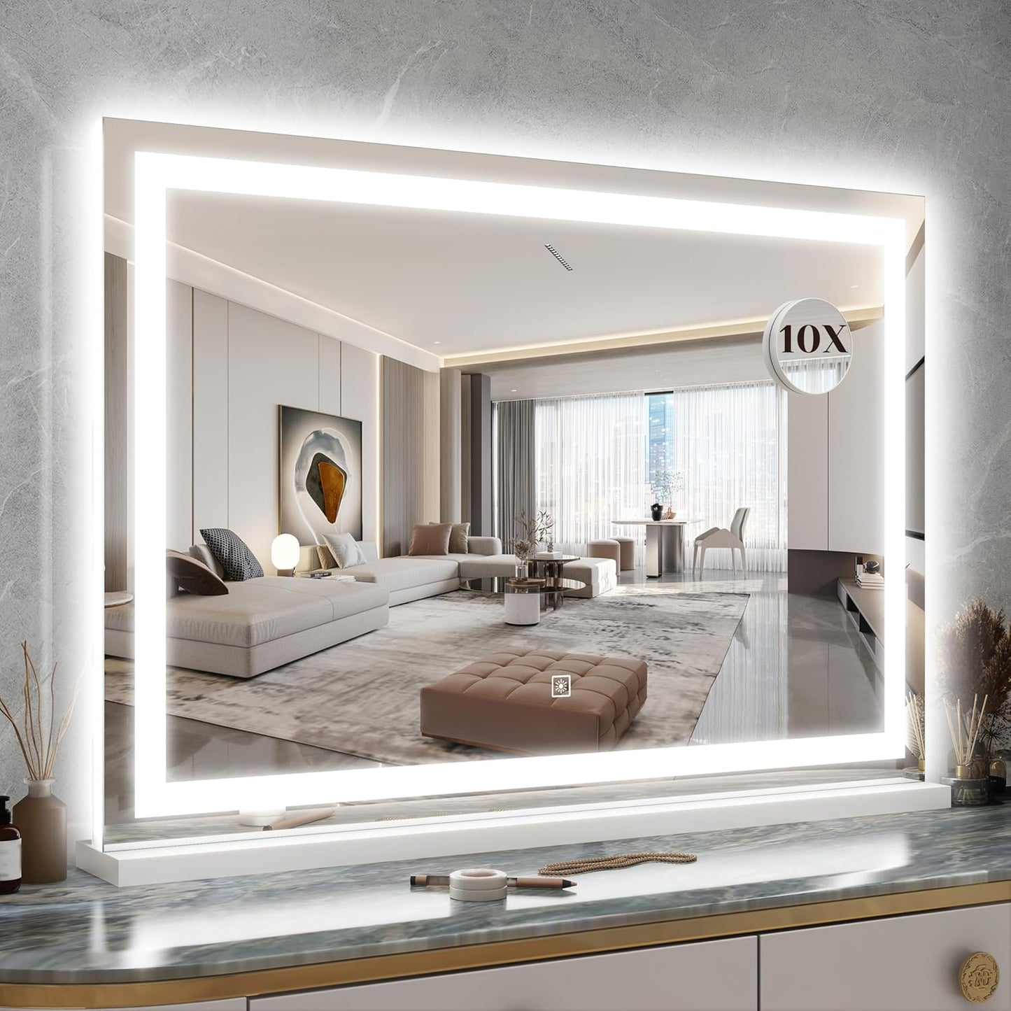 16x12 Inch Vanity Mirror with Lights, Lighted Makeup Mirror with 10X Magnification, Smart Touch 3 Colors Dimmable, Dresser Mount, Bathroom (White)