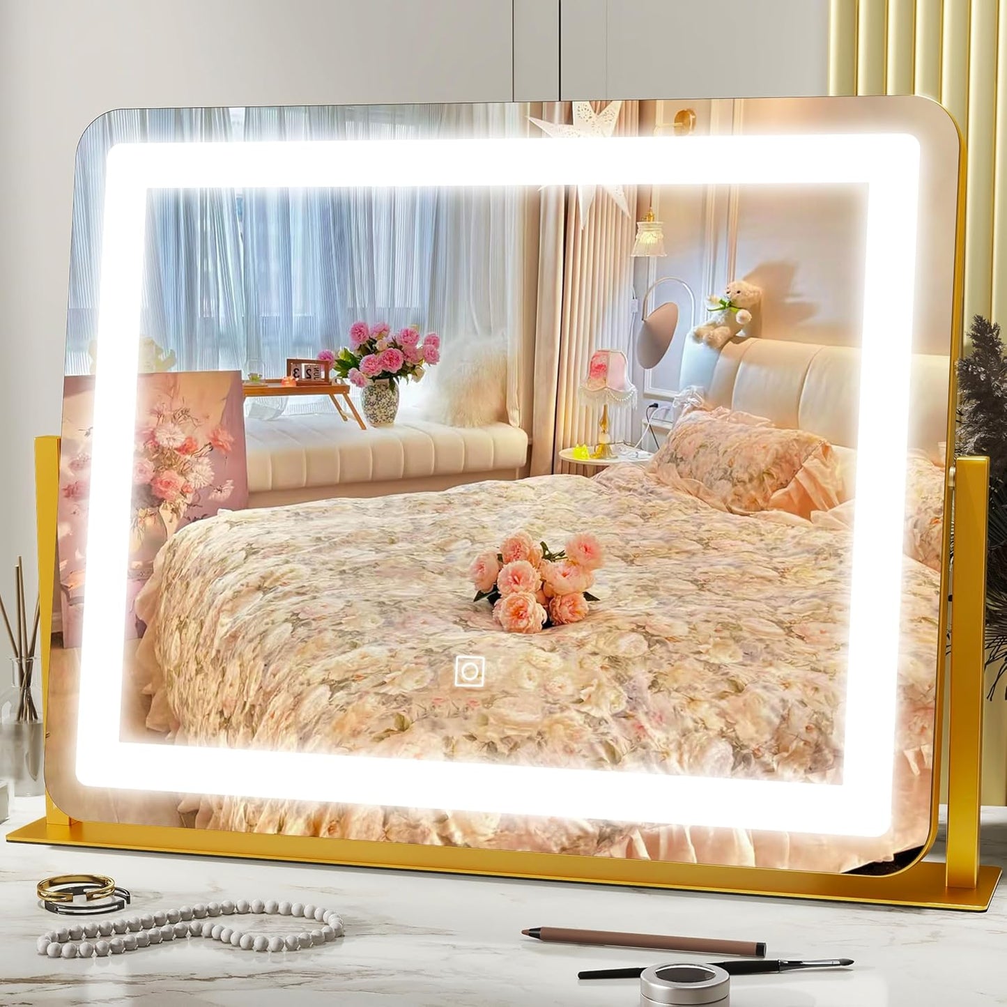 HNV Vanity Mirror with Lights – 22" x17 Large Lighted Makeup Mirror, Dimmable 3-Color LED, Touch Screen, 360° Rotation for Desk/Bedroom (White)