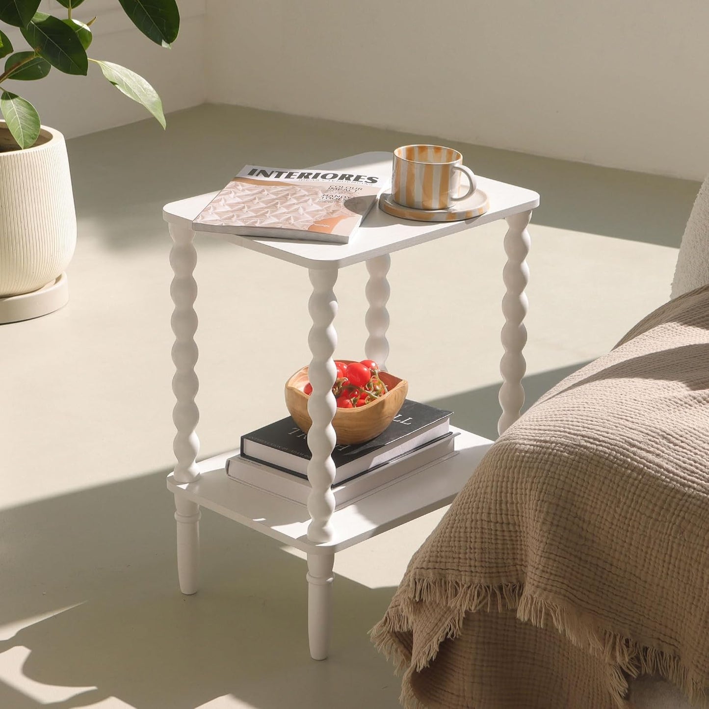 White End Table, Small Side Table with Storage Shelf, 2-Tier Modern NightStand for Bedroom, Living Room, Small Spaces (White)