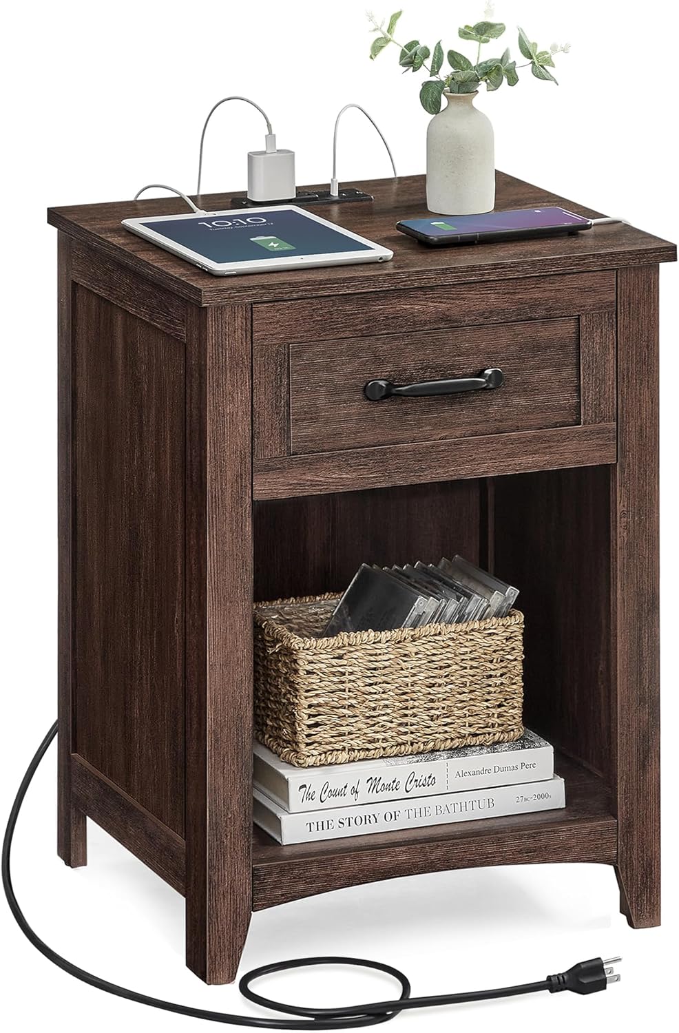 VASAGLE LIRY Collection - Farmhouse Nightstands with Charging Station, Set of 2 Bedside Tables, Side Tables with Drawer, Open Compartment, for Bedroom, Rustic White and Honey Brown ULET859K41