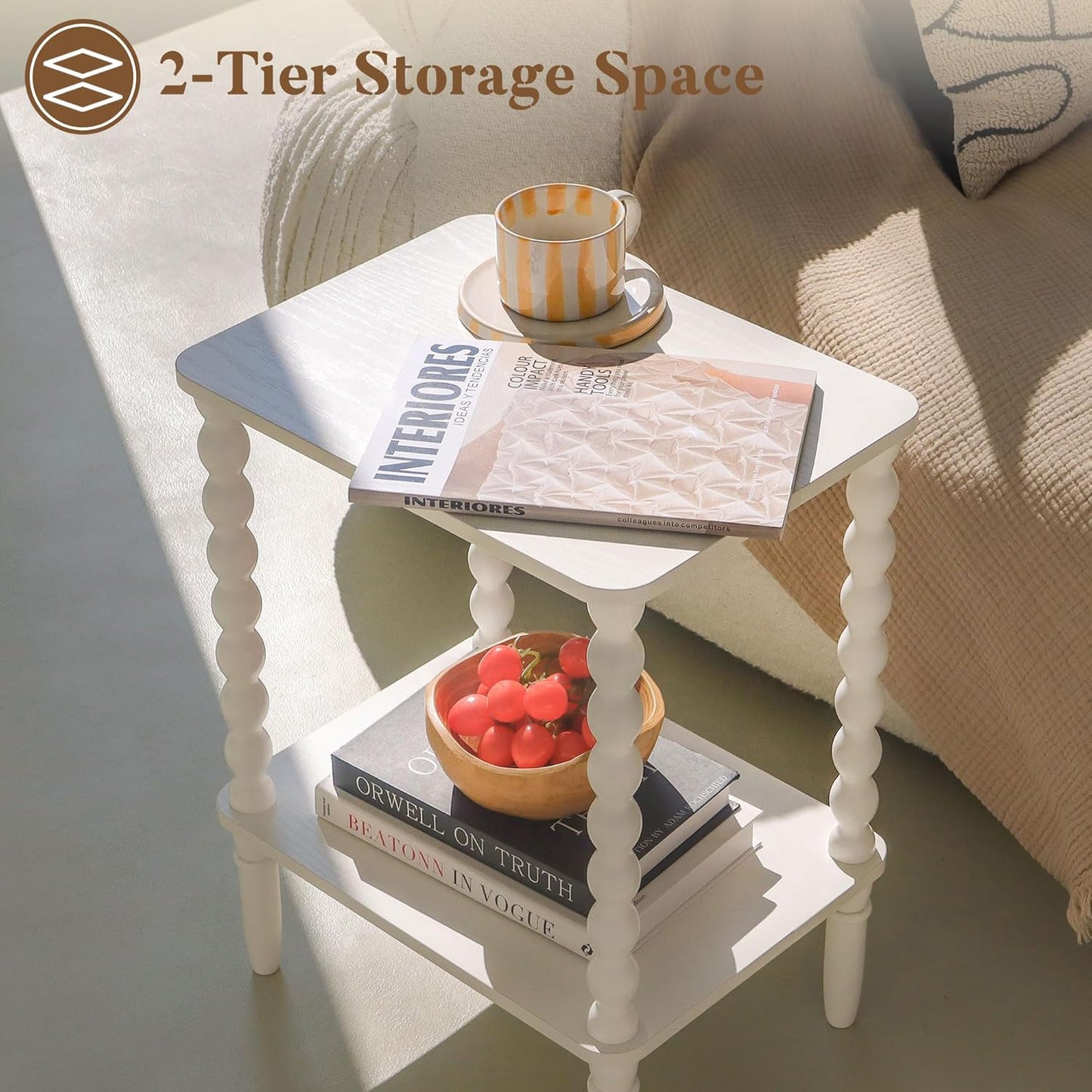 White End Table, Small Side Table with Storage Shelf, 2-Tier Modern NightStand for Bedroom, Living Room, Small Spaces (White)