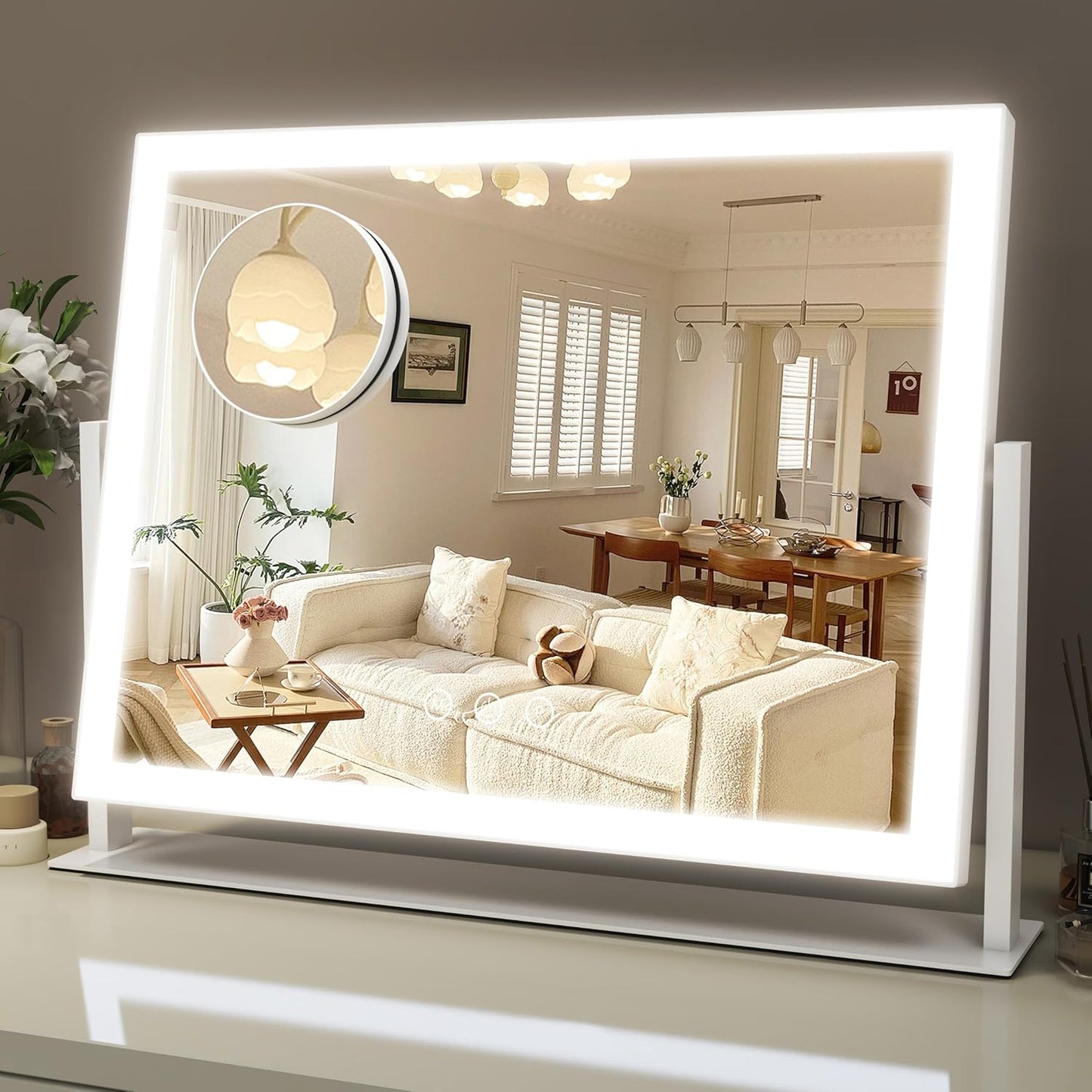 16x12 Inch Vanity Mirror with Lights, Lighted Makeup Mirror with 10X Magnification, Smart Touch 3 Colors Dimmable, Dresser Mount, Bathroom (White)