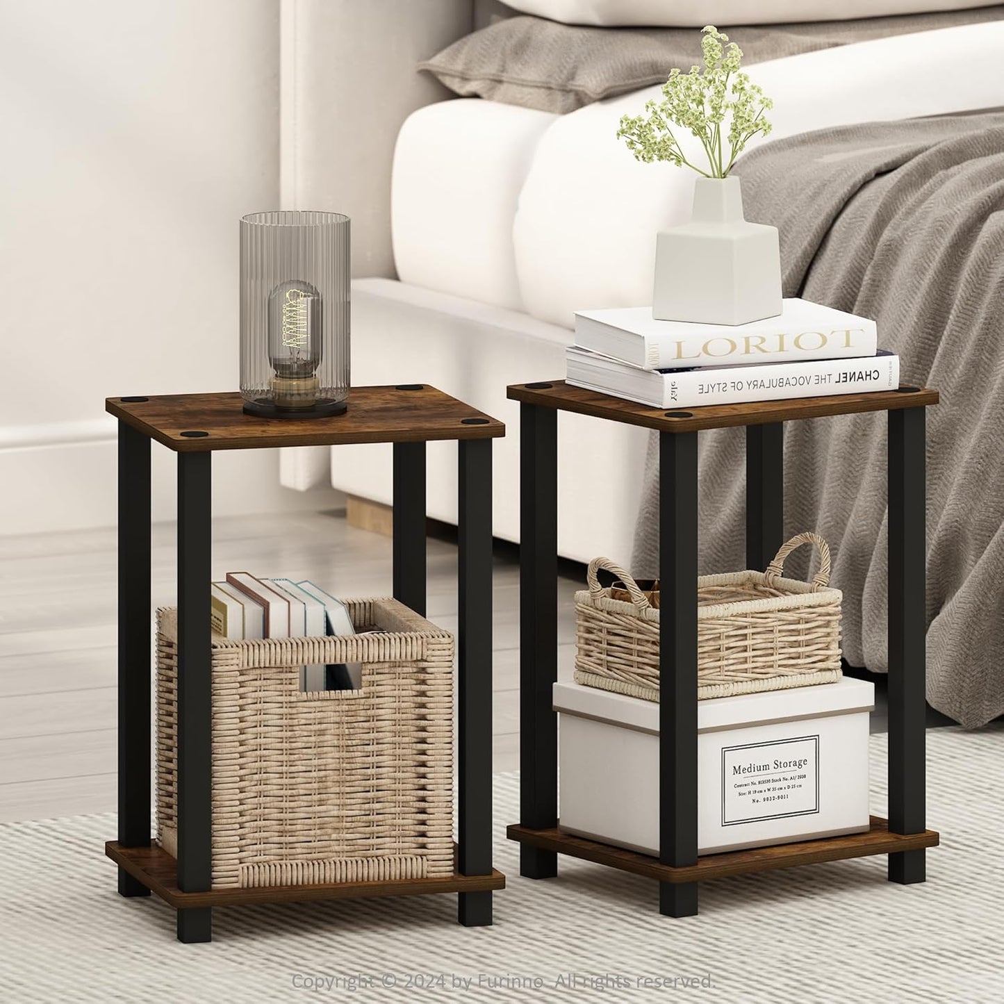 Furinno Just 3-Tier Turn-N-Tube Open Storage Nightstand, 1-Pack, Plastic Poles, Americano/Black