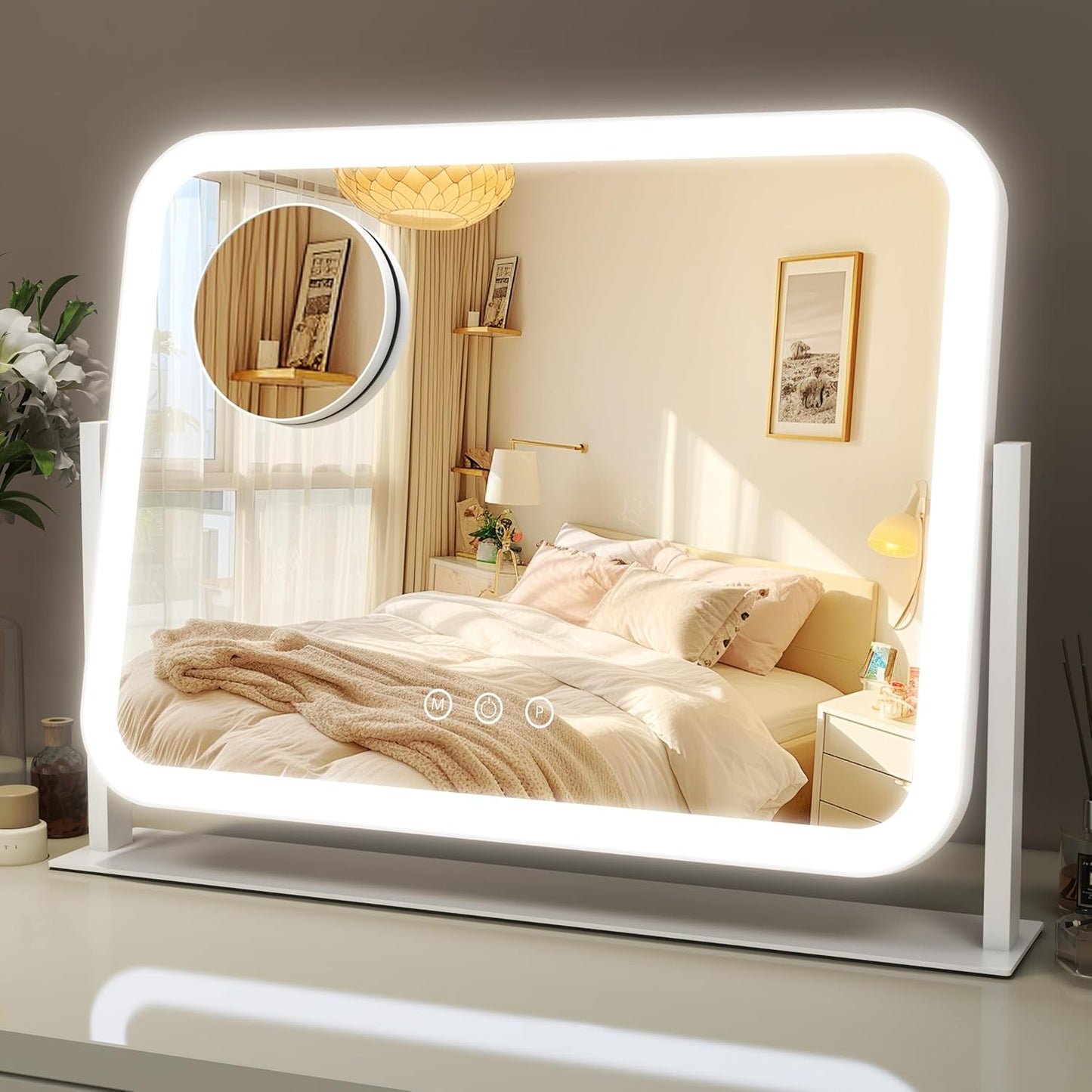 16x12 Inch Vanity Mirror with Lights, Lighted Makeup Mirror with 10X Magnification, Smart Touch 3 Colors Dimmable, Dresser Mount, Bathroom (White)