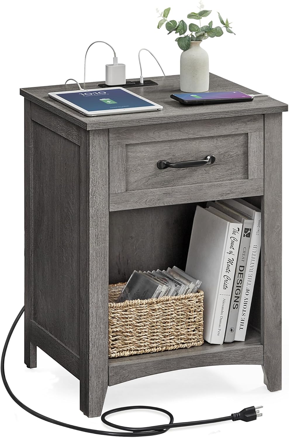 VASAGLE LIRY Collection - Farmhouse Nightstands with Charging Station, Set of 2 Bedside Tables, Side Tables with Drawer, Open Compartment, for Bedroom, Rustic White and Honey Brown ULET859K41