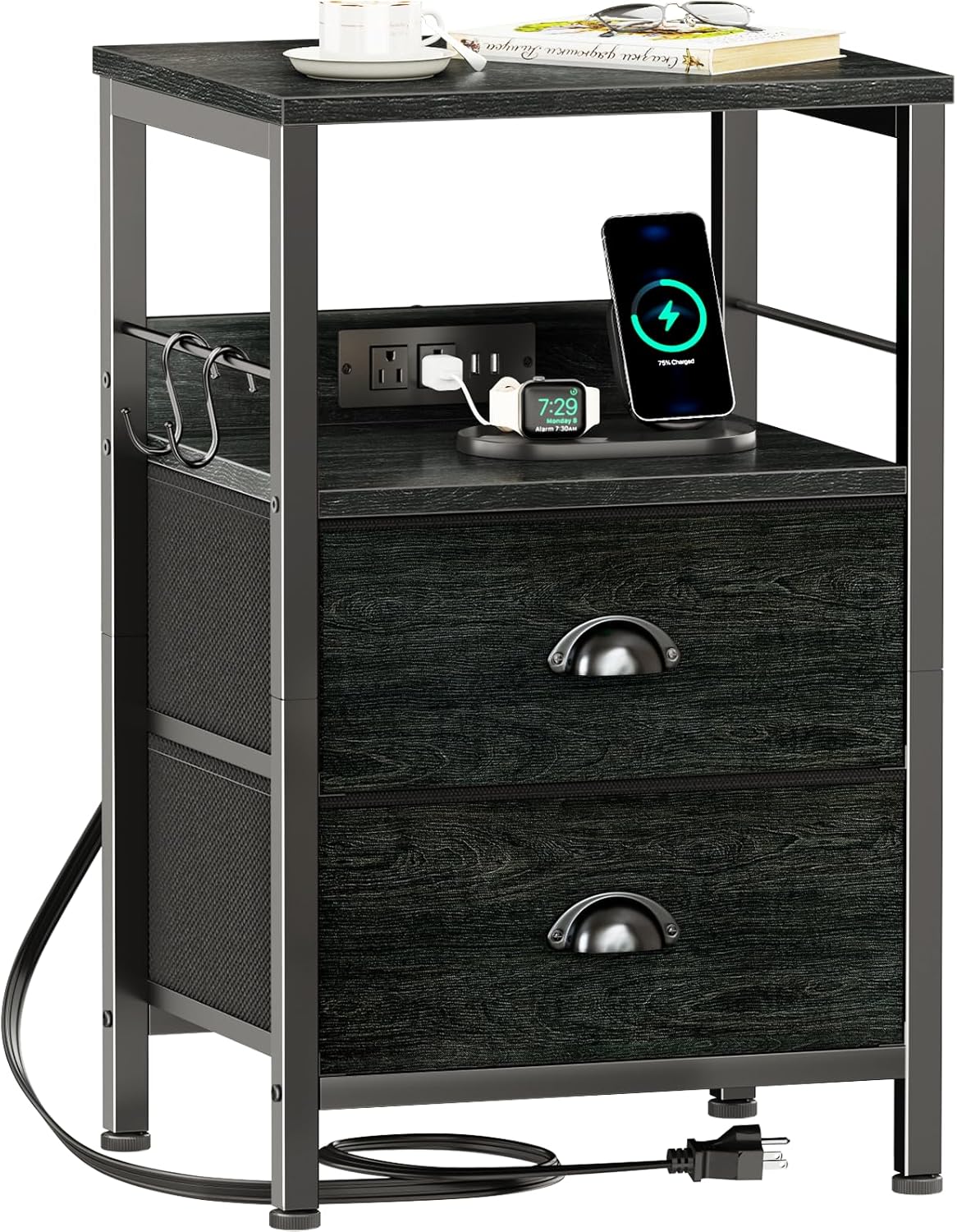 Furologee End Table with Charging Station, Nightstand with Fabric Drawers, Side Tables with USB Ports & Outlets, Night Stand with Storage Shelf & Hooks, for Living Room/Bedroom, White