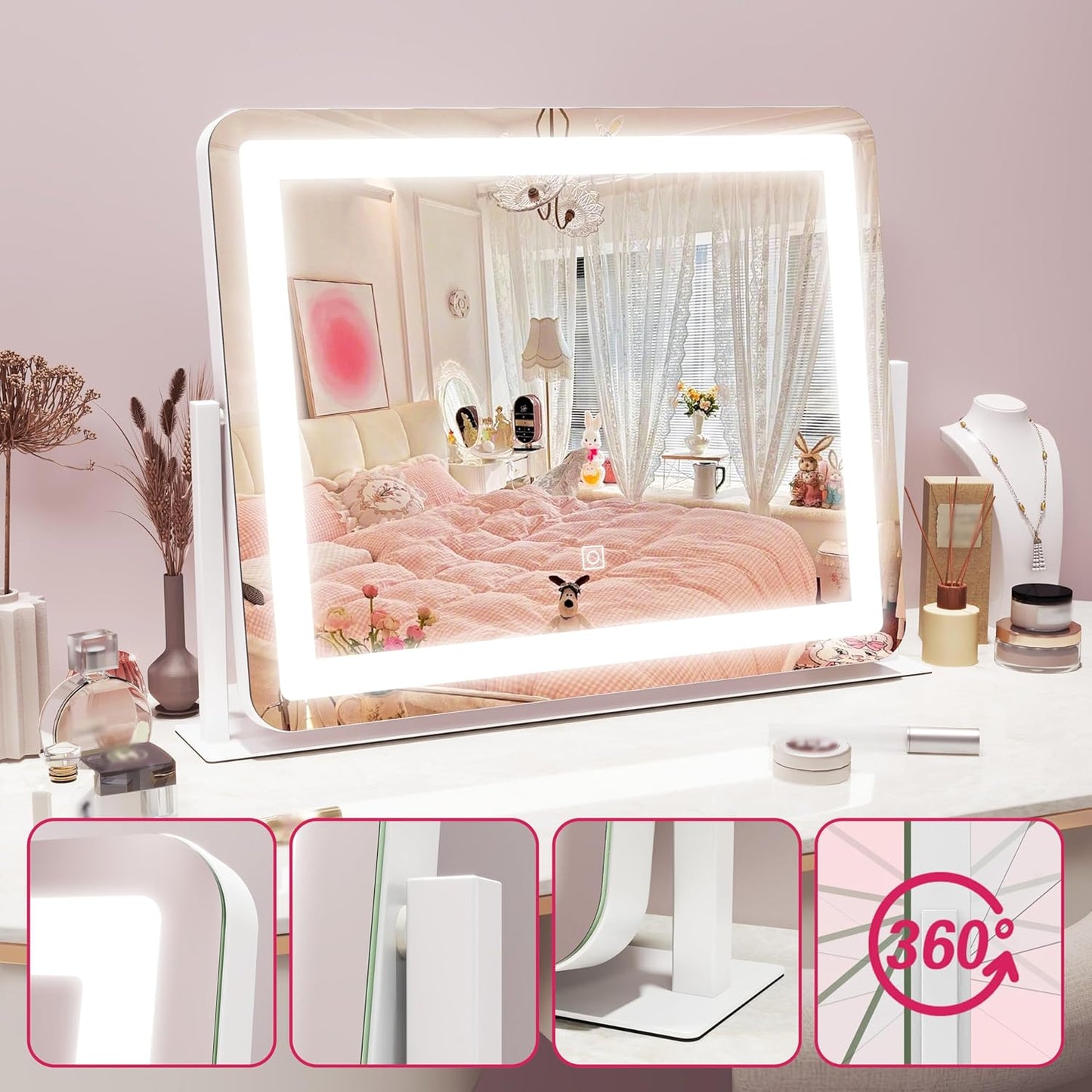 HNV Vanity Mirror with Lights – 22" x17 Large Lighted Makeup Mirror, Dimmable 3-Color LED, Touch Screen, 360° Rotation for Desk/Bedroom (White)