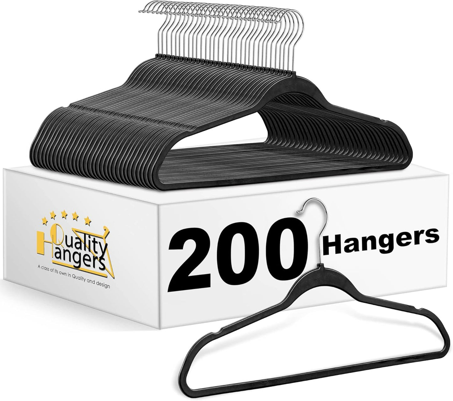 Quality Hangers 50 Pack Slim Plastic Hangers for Clothes - Heavy Duty Non-Velvet Black Hangers with 360° Swivel Chrome Hook & Non Slip Notches - Ideal for Dresses Coats Shirts Jackets & More - Black