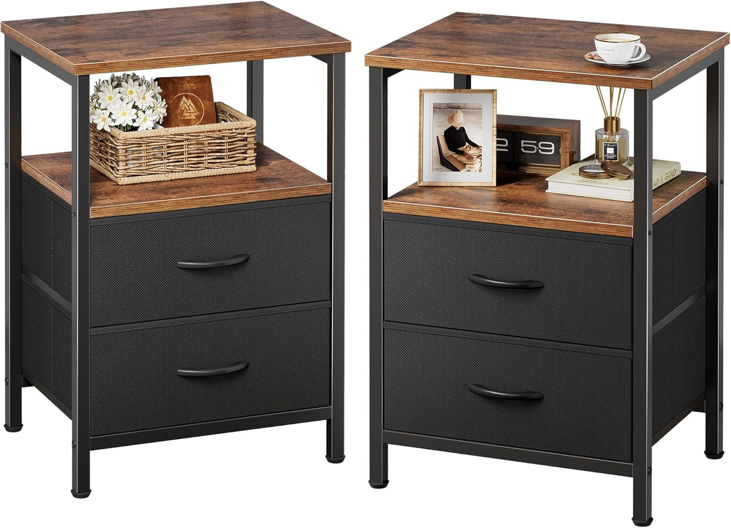 Huuger Night Stand with 2 Drawers, Bed Side Table with Open Shelf, Wooden Top, Nightstand for Bedroom, End Table for Small Space, Fabric Drawer, Rustic Brown