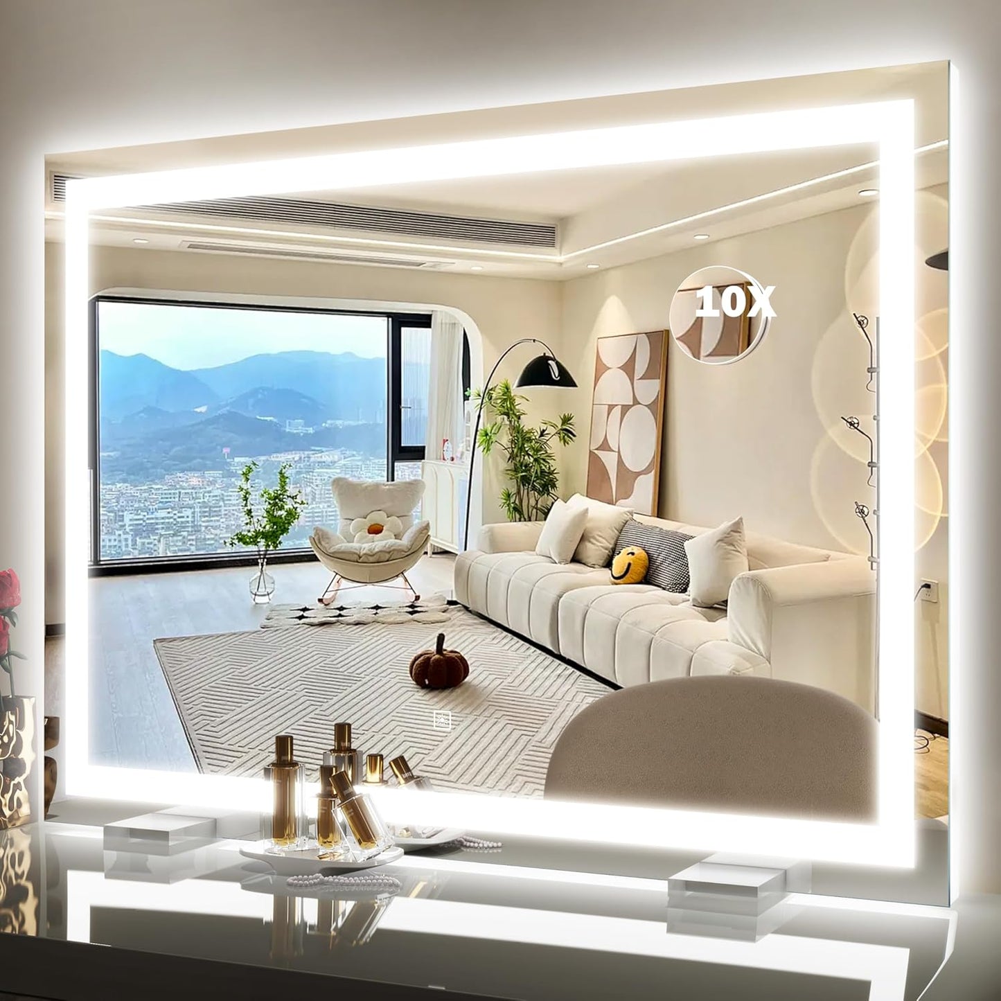 16x12 Inch Vanity Mirror with Lights, Lighted Makeup Mirror with 10X Magnification, Smart Touch 3 Colors Dimmable, Dresser Mount, Bathroom (White)