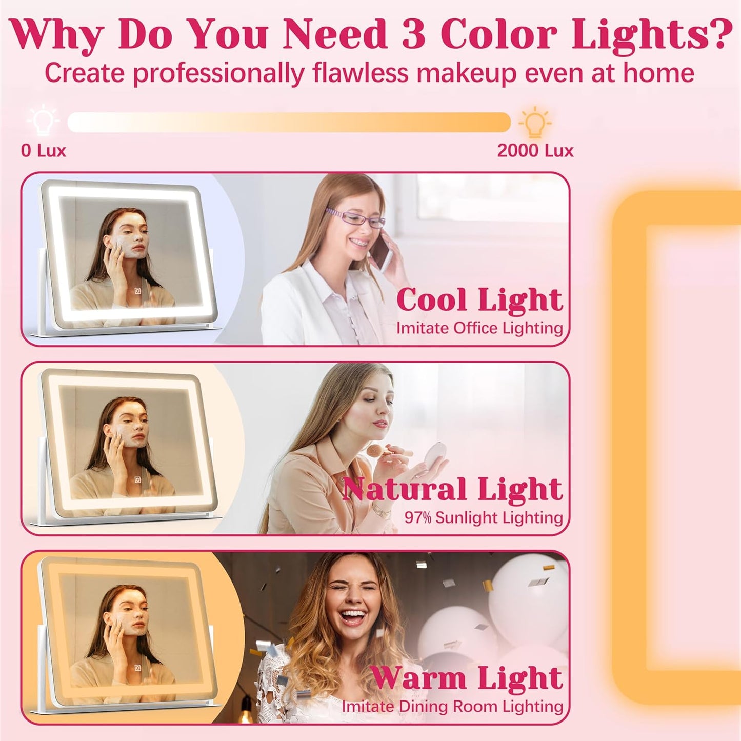 HNV Vanity Mirror with Lights – 22" x17 Large Lighted Makeup Mirror, Dimmable 3-Color LED, Touch Screen, 360° Rotation for Desk/Bedroom (White)